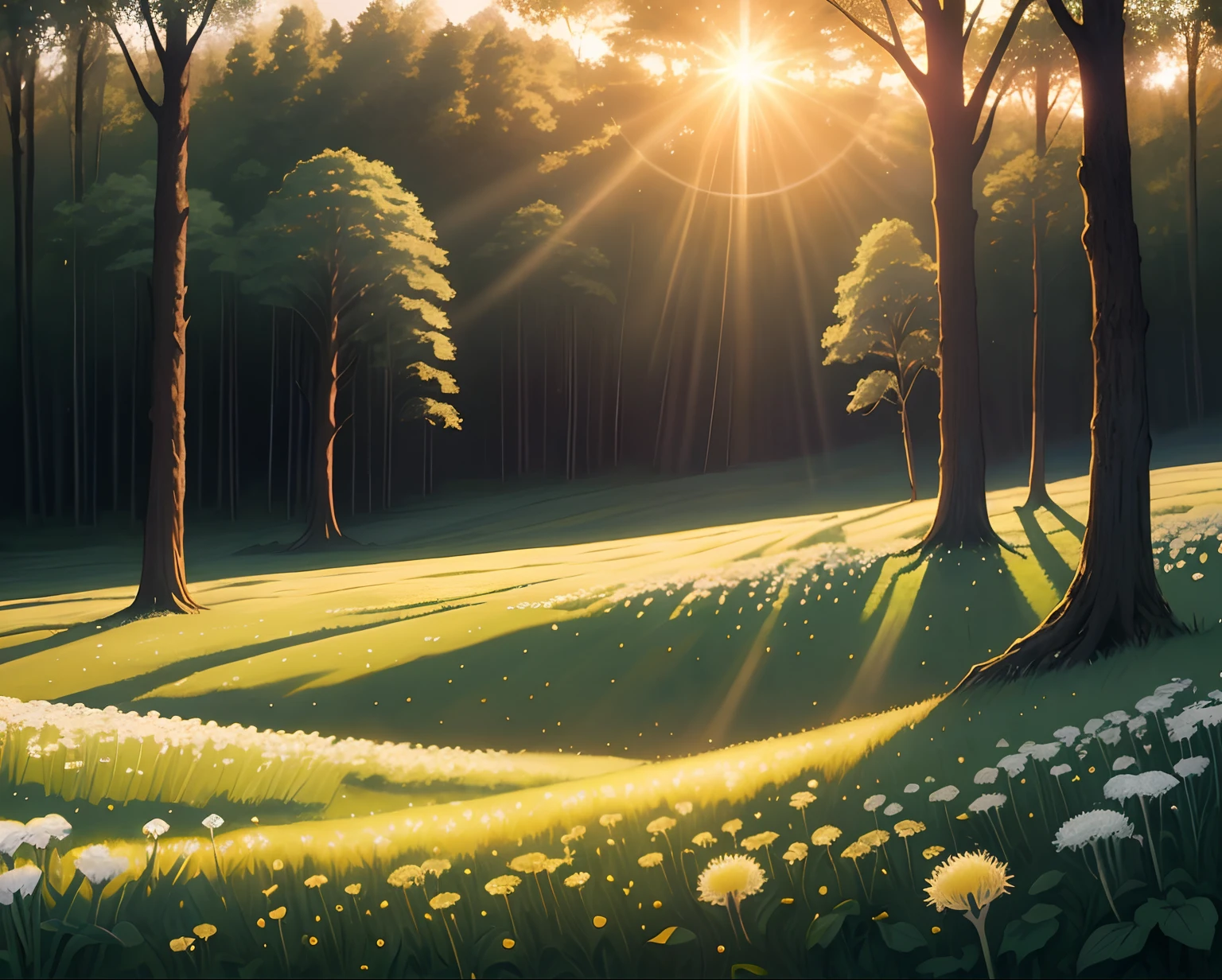 The forest slowly opens up and reveals a stunning view. A field of dandelions, each glistening with morning dew, lay before him. The rising sun cast golden light over the field, making it seem as if thousands of tiny stars had descended upon the earth.