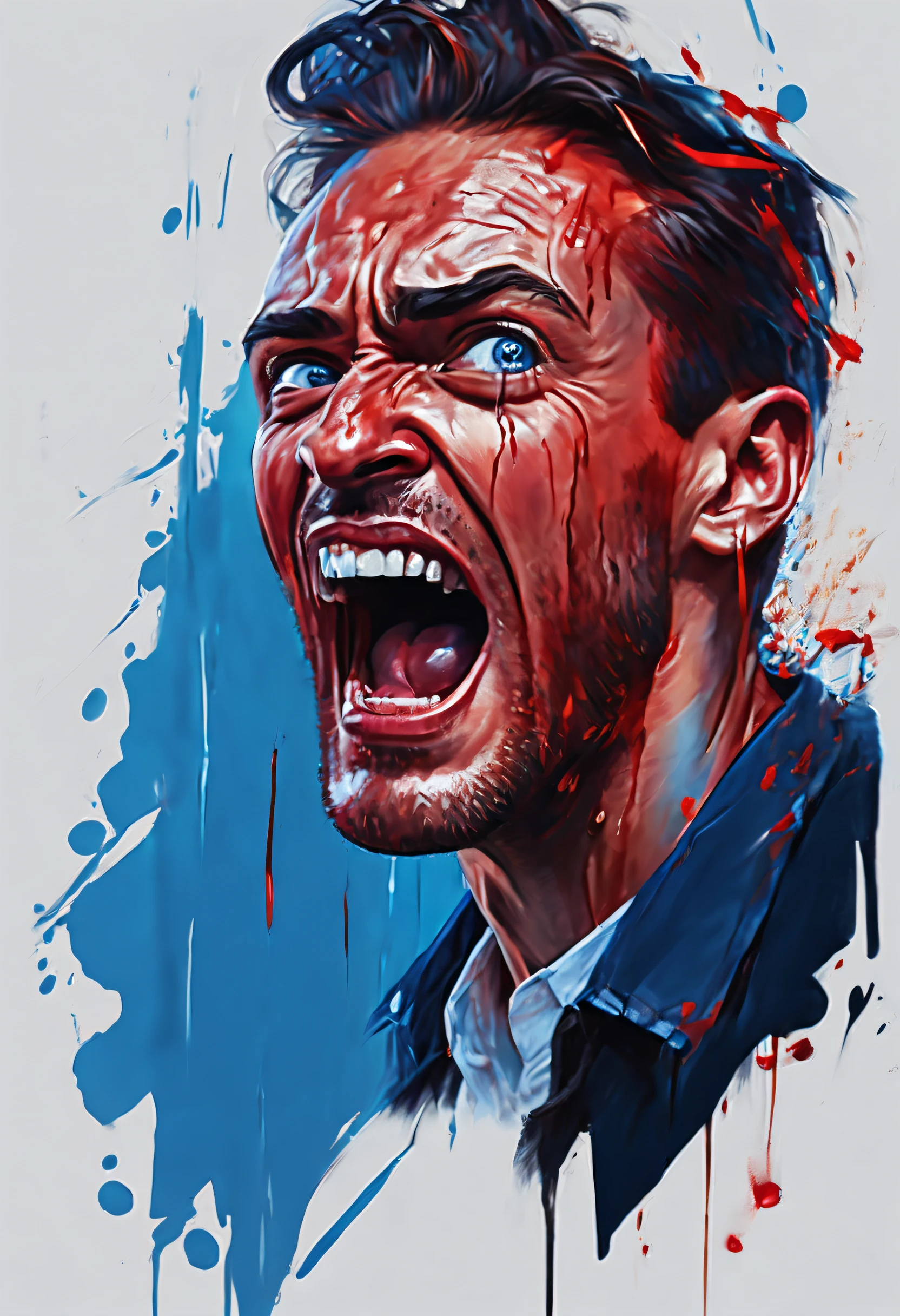 best quality,realistic portrait,red-skinned man with blue teary eyes,open mouth screaming,sharp focus,intense emotions,detailed facial features,long lashes,tears streaming down face,unusual skin tone,vivid colors,emotional expression,wet eyes,expression of pain and despair,dramatic lighting.