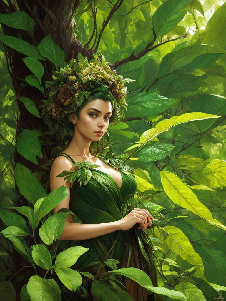 portrait of a forest mage, female, dress made of green leaves, gorgeous, green hair, brown skin, curves, forest background, highly detailed, smooth, sharp focus, chiaroscuro, digital painting, artgerm and greg rutkowski and alphonse mucha