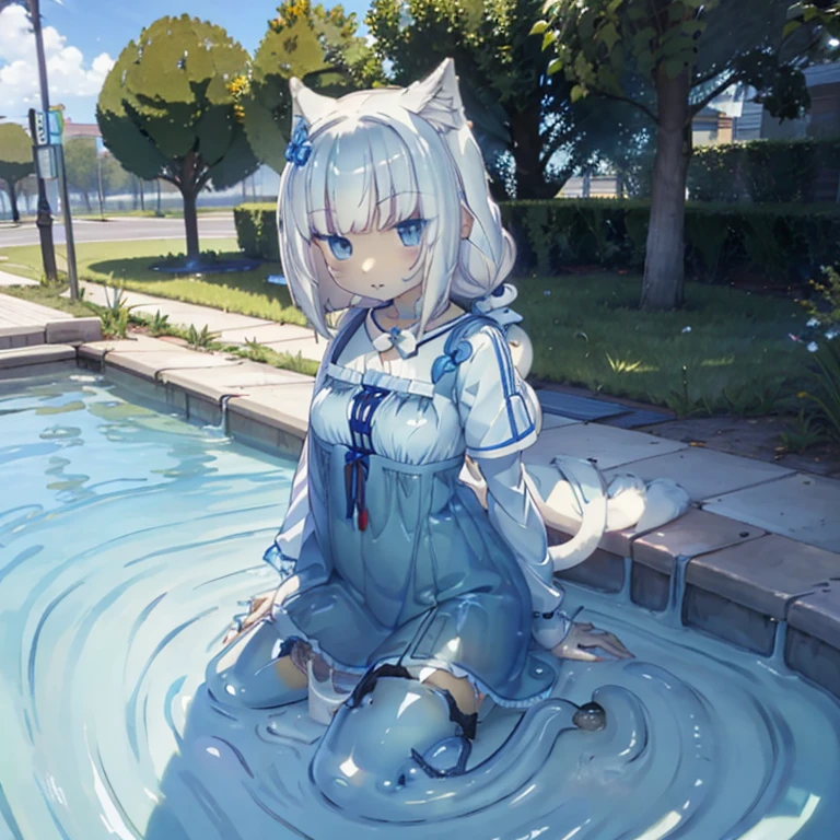 vanilla, slime girl, cat ears,cat tail, Blue body, Transparent, Full-length,