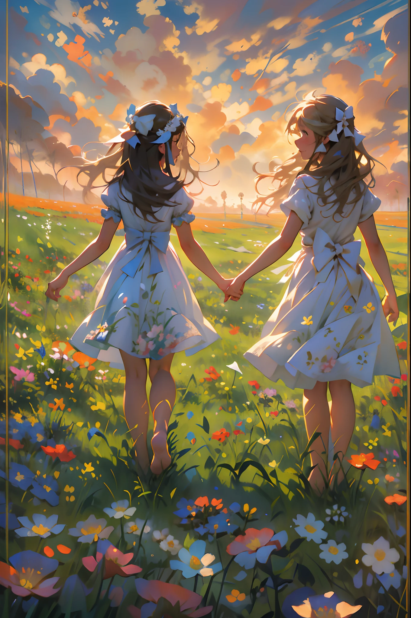 alice in the wonderland, (A bow on the head:1.1), Upper body，twogirls，2 sisters，There are two girls standing in a field of flowers looking up at the sky, Two girls standing in a field of flowers, Two girls walking in a field of flowers, Get lost in a fantastic wonderland, standing in flower field, dreamlike digital painting, The sky is gradually clearing, The starry sky gradually receded，(Monet, Impresionismo, Oil painting), Barefoot，Barefoot，Have fun，02