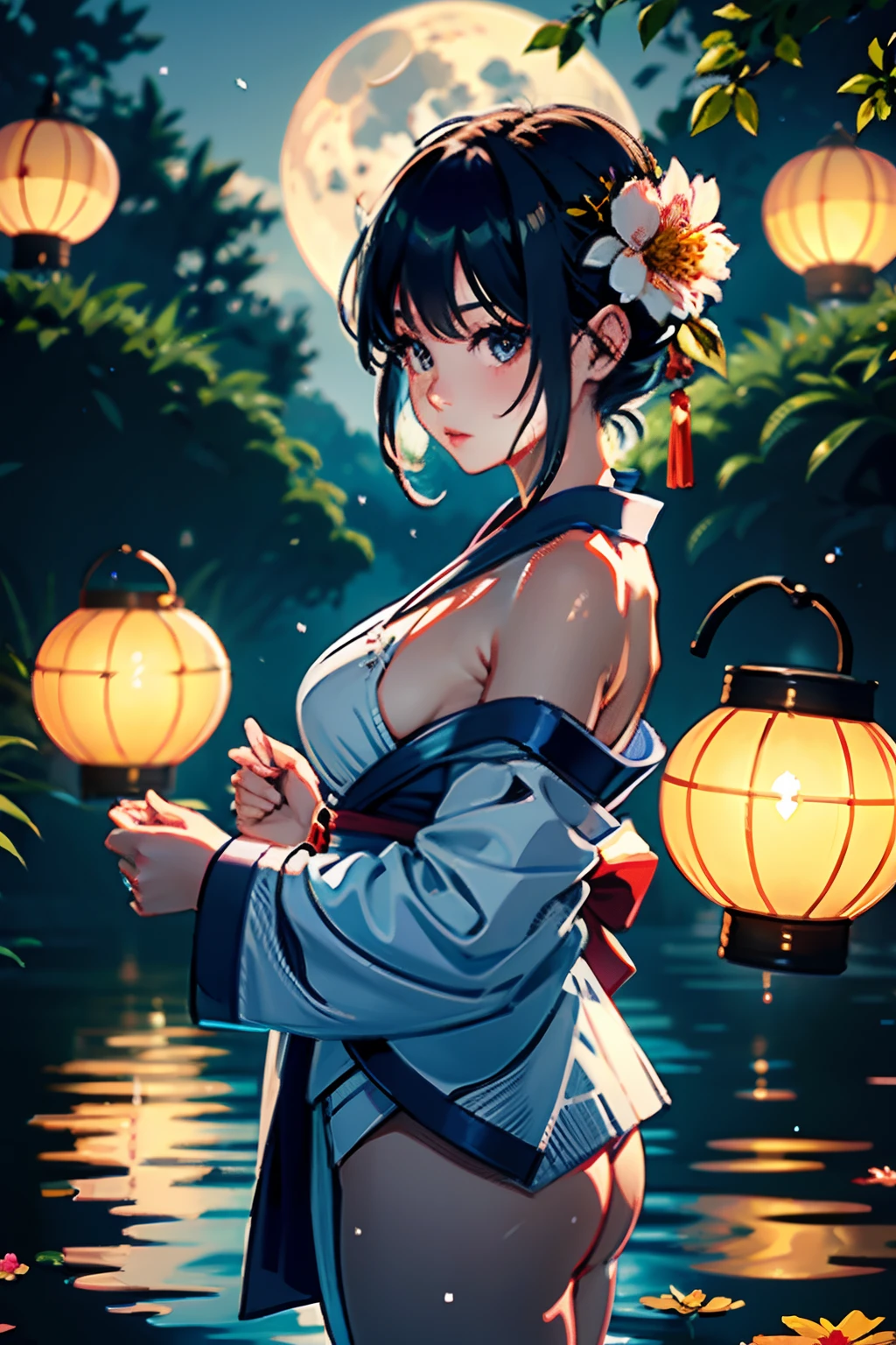 1girl in, breastsout, a moon, paper lanterns, natta, 独奏,, hair adornments, wet, kimono, komono, playing in the water, Eau, Hair Flowers, florals, plein air, Skysky, fullmoon, Sateen, A dark-haired, off shoulders, mont, clouds, Hugged, sash, barechested, paper lanterns, is standing, White kimono, nigh sky, sideboob barbosa, obi, Wet clothes, bangss, The tree, from side, Reflectors, shorth hair, cloudy ash sky, wetting hair (((masterpiece),(the Extremely Detailed CG Unity 8K Wallpapers)、top-quality、、独奏、1girl、电影灯光、细致背景、beatiful detailed eyes、Bright pupils、(extremely delicate and beautiful)、(Beautiful and detailed eyes description)、ultra-detailliert、masterpiece、))、