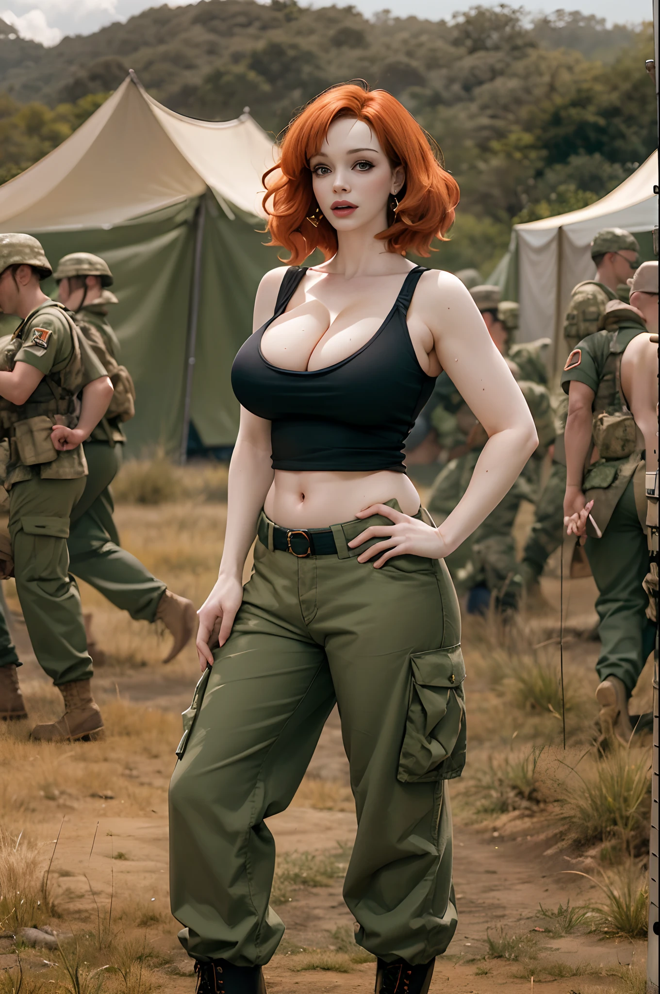 Christina Hendricks, masterpiece quality, realistic, daylight, wearing army fatigues, wearing combat boots, sweaty, on a military base, military tents in background, troops in background, jungle in background, sexy pose, gigantic breasts, (gigantic breasts:1.5), cleavage