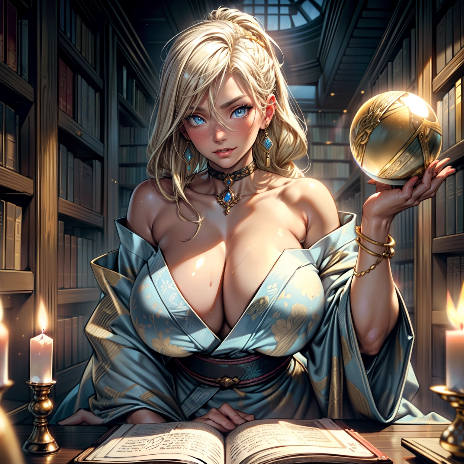 Masterpiece, Best Quality, (((Solo mature woman Janet))), (((platinum blonde hair))),  very long braided Ponytail, (((wide hips))), (((light blue eyes))), full lips, seductive smile, cleavage, sitting on wooden throne, (((bookshelves, candles))) sunset, blushing, , "beautiful mature face" , age30 , MILF , adult ((open kimono with detailed patterns of gold)), bare shoulder, ((Sexual suggestiveness)), perfect beautiful eyes, detailed eyes. thick lips, ((huge boobs)), (Thick thighs), top down, looking down, (((shiny oiled skin))), (((chubby))), (((crystal Ball)), (((jewelry)))