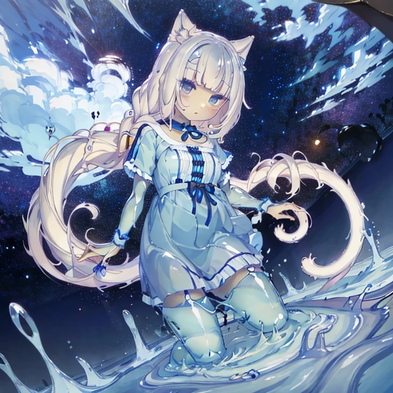 vanilla, slime girl, cat ears,cat tail, blue body, Transparent, Full-length,