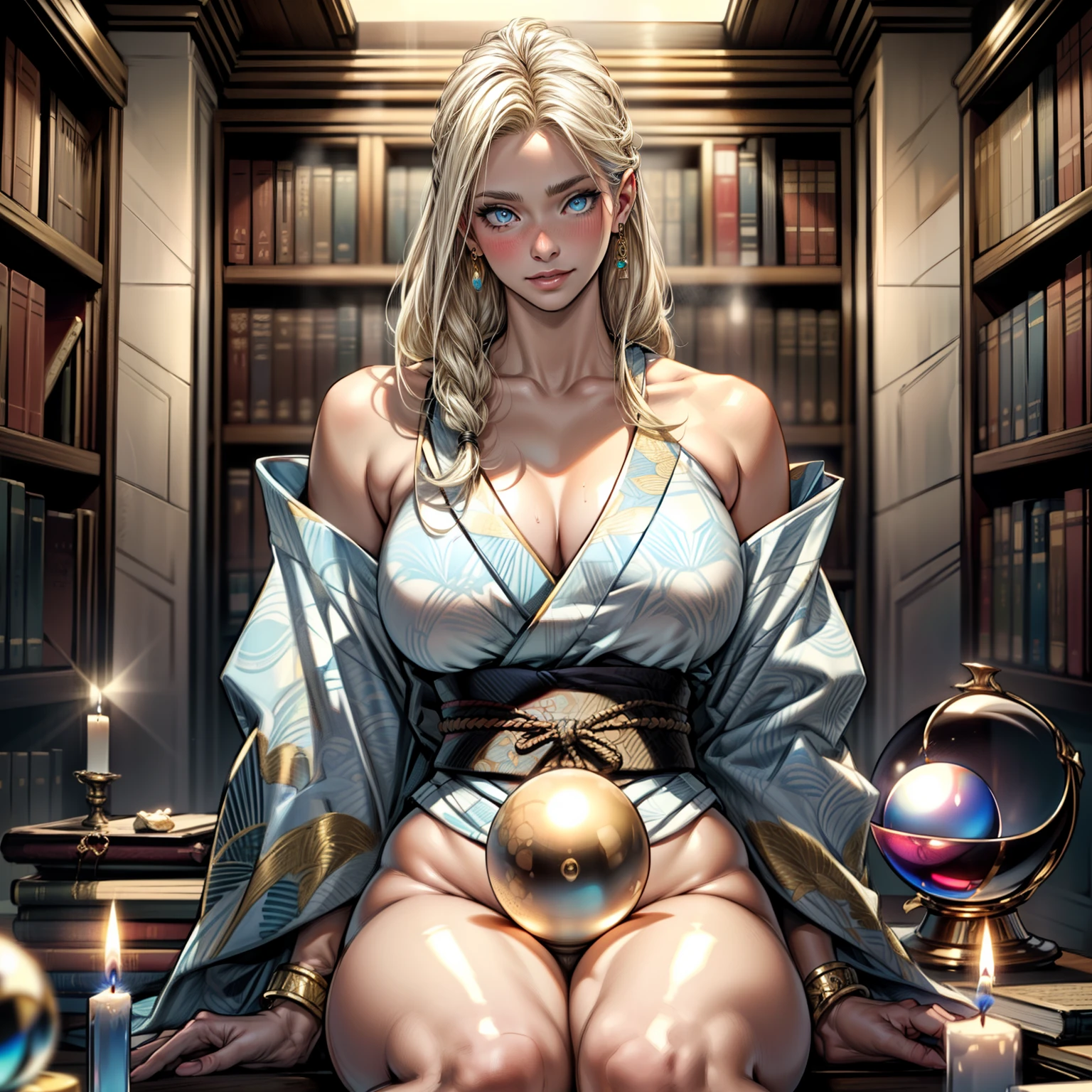 Masterpiece, Best Quality, (((Solo mature woman Janet))), (((platinum blonde hair))),  very long braided Ponytail, (((wide hips))), (((light blue eyes))), full lips, seductive smile, cleavage, sitting on wooden throne, (((bookshelves, candles))) sunset, blushing, , "beautiful mature face" , age30 , MILF , adult ((open kimono with detailed patterns of gold)), bare shoulder, ((Sexual suggestiveness)), perfect beautiful eyes, detailed eyes. thick lips, ((big boobs)), (Thick thighs), top down, looking down, (((shiny oiled skin))), (((chubby))), (((crystal Ball)), (((jewelry)))