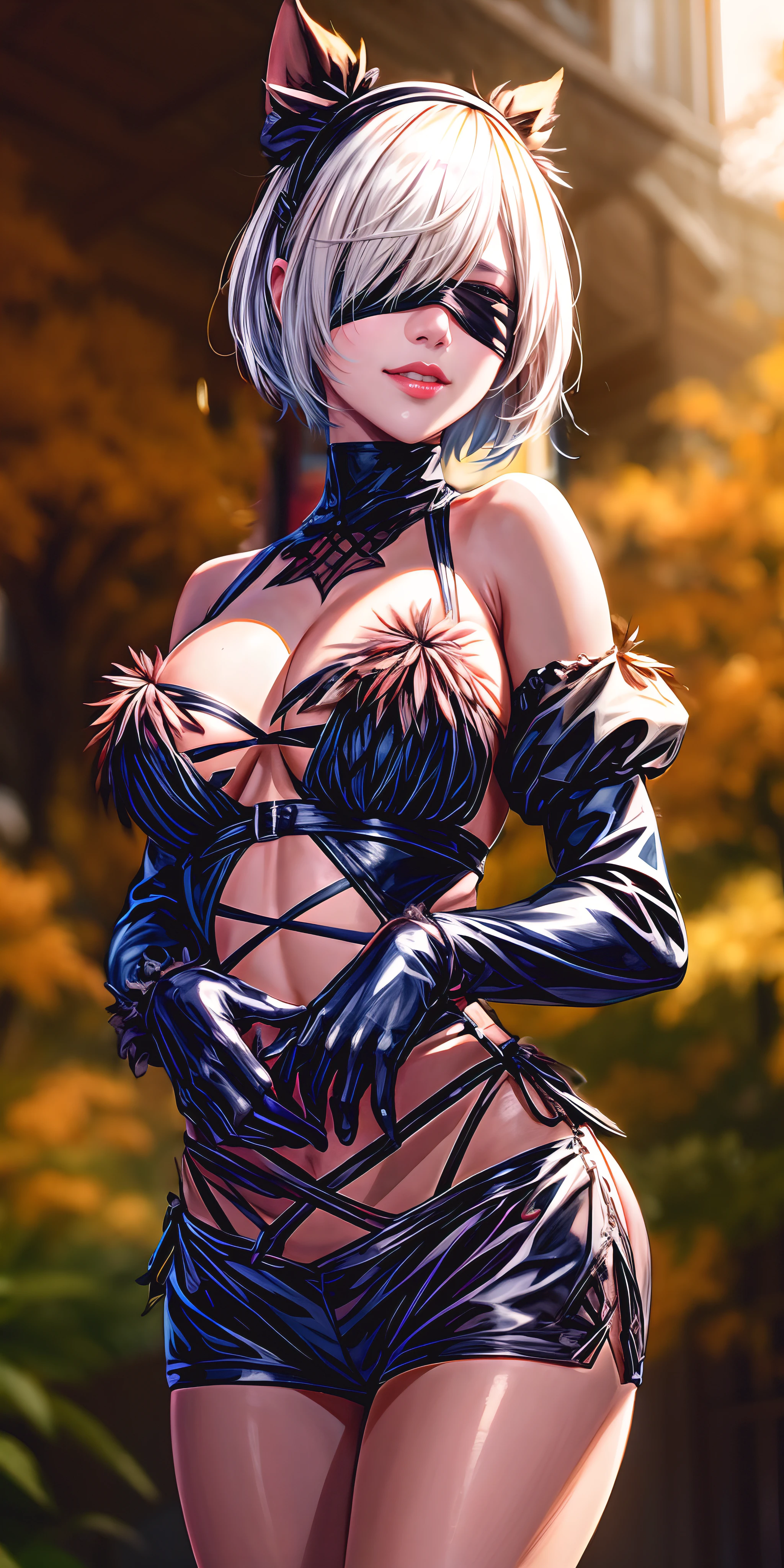 black blindfold, seductive smile, lips, _2b, blindfold, black blindfold, short hair, silver hair, black hairband, large breasts, DANGEROUSBEAST, ELBOW GLOVES, GLOVES, WOLF TAI, Lautumn_leaves, autumn, detailed skin texture, (blush:0.5), (goosebumps:0.5), subsurface scattering, "RAW candid cinema, 16mm, color graded portra 400 film, remarkable color, ultra realistic, textured skin, remarkable detailed pupils, realistic dull skin noise, visible skin detail, skin fuzz, dry skin, shot with cinematic camera",