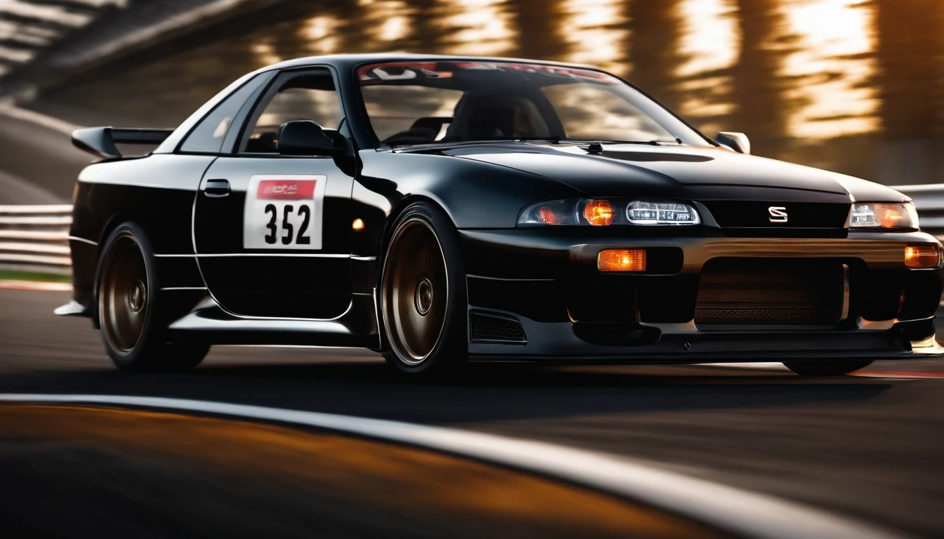 Imagine a captivating scene where a Nissan R33, a symbol of automotive prowess, races down a track with exhilarating speed. Bring the spotlight to the car, emphasizing its sleek design and the iconic features that define the Nissan R33.

Zoom in on intricate details, highlighting the precise lines of the R33's body, the aerodynamic elements, and the dynamic curves that make this car a marvel. Capture micro-details like the gleam of its headlights, the fine details of the rims, and the character of the exhaust system, showcasing the craftsmanship of this high-performance vehicle.

Employ a panning shot technique to convey a sense of motion, intentionally blurring the background to underscore the intensity of the race. Infuse streaks of color in the backdrop, indicating the rapid movement of the Nissan R33 as it dominates the track.

Consider the racing environment, whether it's a modern circuit or a scenic road, and include details like tire marks or dust to enhance the realism of the scene. This detailed prompt aims to inspire a visually captivating depiction of a Nissan R33 racing down a track, emphasizing intricate and micro-details, with a background deliberately blurred to capture the dynamic speed of the race.