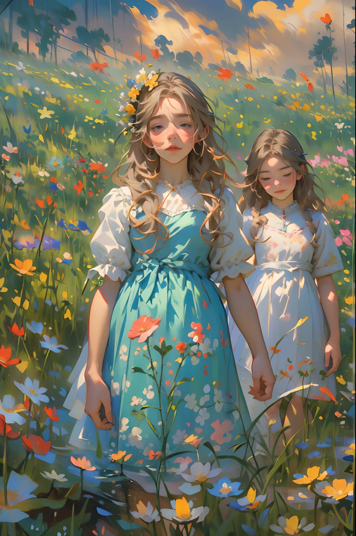 alice in the wonderland, (A bow on the head:1.1), Upper body，twogirls，2 sisters，There are two girls standing in a field of flowers looking up at the sky, Two girls standing in a field of flowers, Two girls walking in a field of flowers, Get lost in a fantastic wonderland, standing in flower field, dreamlike digital painting, The sky is gradually clearing, The starry sky gradually receded，(Monet, Impresionismo, Oil painting), Barefoot，Barefoot，Have fun，03