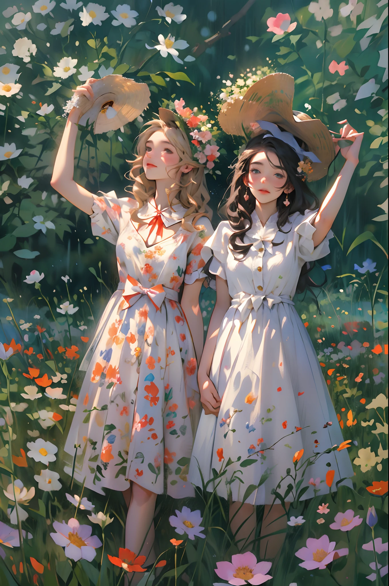 alice in the wonderland, (A bow on the head:1.1), Upper body,twogirls,2 sisters,There are two girls standing in a field of flowers looking up at the sky, Two girls standing in a field of flowers, Two girls walking in a field of flowers, Get lost in a fantastic wonderland, standing in flower field, dreamlike digital painting, The sky is gradually clearing, The starry sky gradually receded,(Monet, Impresionismo, Oil painting), Barefoot,Barefoot,Have fun,03