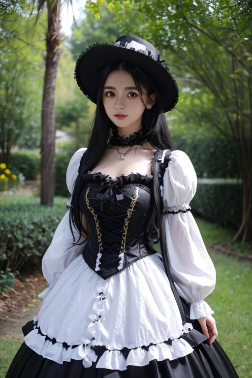 1girl in, multilayered outfit, Lolita style, frilld, victorian gothic lolita fashion, fantasy outfit, witch clothing, layered skirts, costume with blue accents, fantasy style clothing, frilly outfit, Lolita Fashion, victorian inspired clothing, Gothic!!, in detailed steampunk dress, lolish, fashionable rpg clothing、((long black hair１５Year old girl))、Big breasts 1:4、big eye、Beautiful eyes、long eyelashes