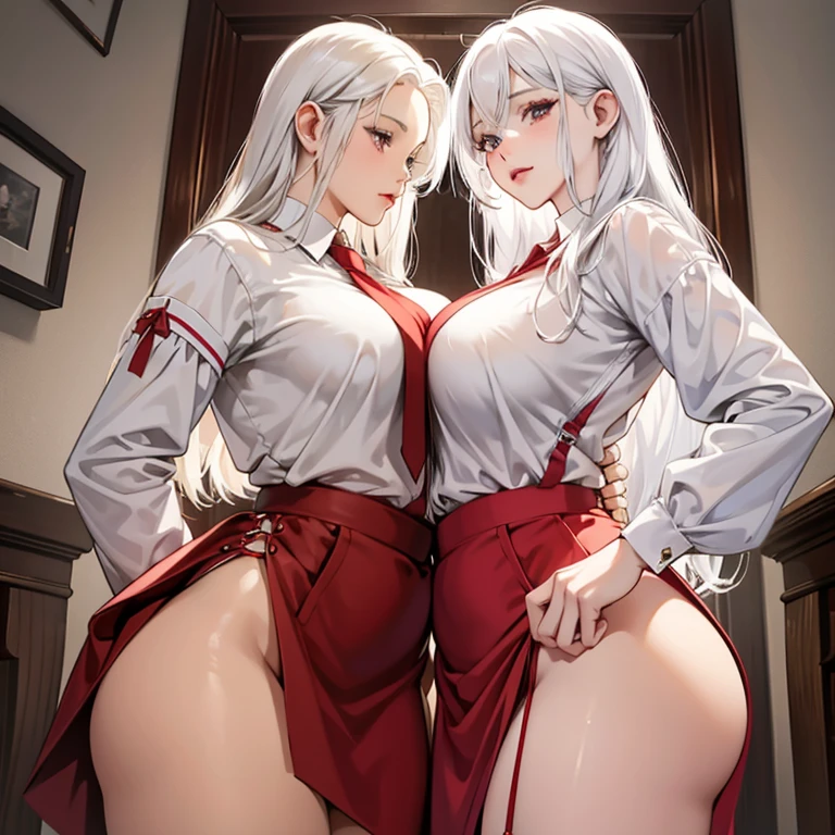 Big Breasts Sexy Red Suspenders Real Sister Eyes Looking Down White Skin Buttocks Biting Lips Hands Lifting Skirts White Hair , seios, naked female, crua,