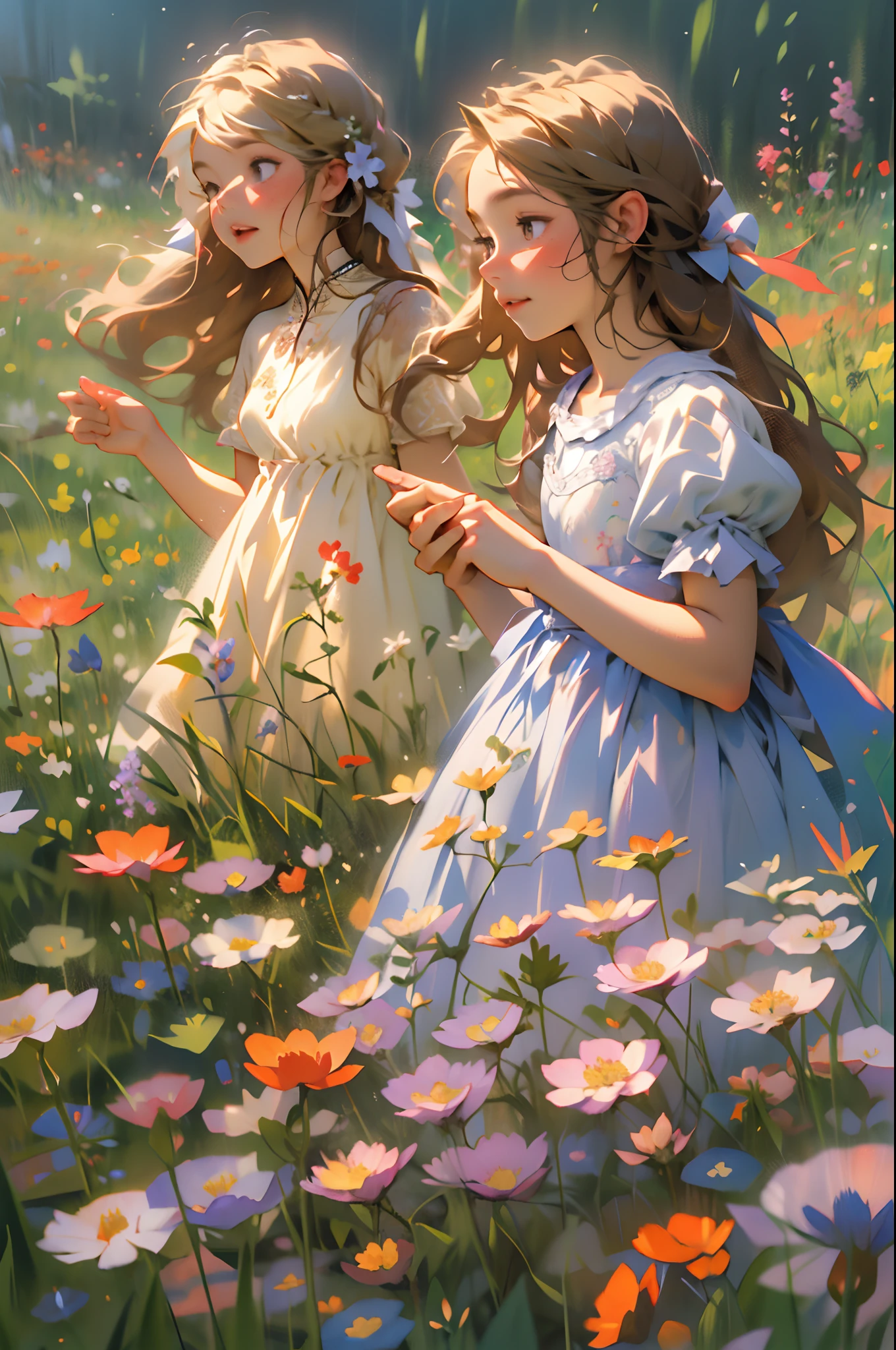 alice in the wonderland, (A bow on the head:1.1), Upper body,twogirls,2 sisters,There are two girls standing in a field of flowers looking up at the sky, Two girls standing in a field of flowers, Two girls walking in a field of flowers, Get lost in a fantastic wonderland, standing in flower field, dreamlike digital painting, The sky is gradually clearing, The starry sky gradually receded,(Monet, Impresionismo, Oil painting), Barefoot,Barefoot,Have fun,02,Fairy tale picture book,Color magazine cover,