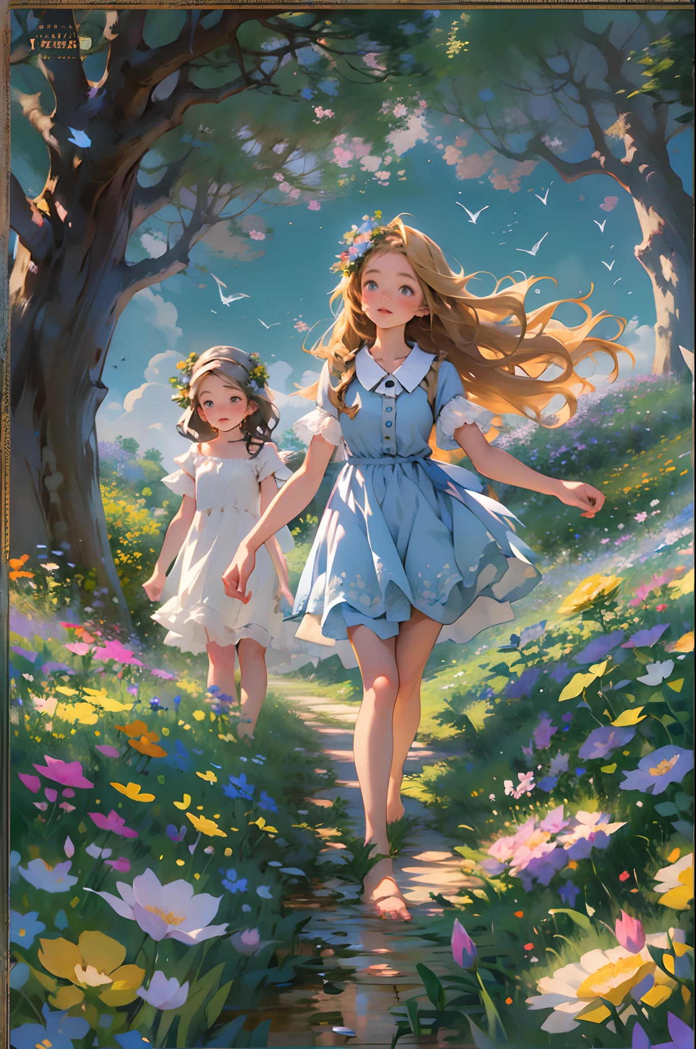 alice in the wonderland, (A bow on the head:1.1), Upper body，twogirls，2 sisters，There are two girls standing in a field of flowers looking up at the sky, Two girls standing in a field of flowers, Two girls walking in a field of flowers, Get lost in a fantastic wonderland, standing in flower field, dreamlike digital painting, The sky is gradually clearing, The starry sky gradually receded，(Monet, Impresionismo, Oil painting), Barefoot，Barefoot，Have fun，02，Fairy tale picture book，Color magazine cover，