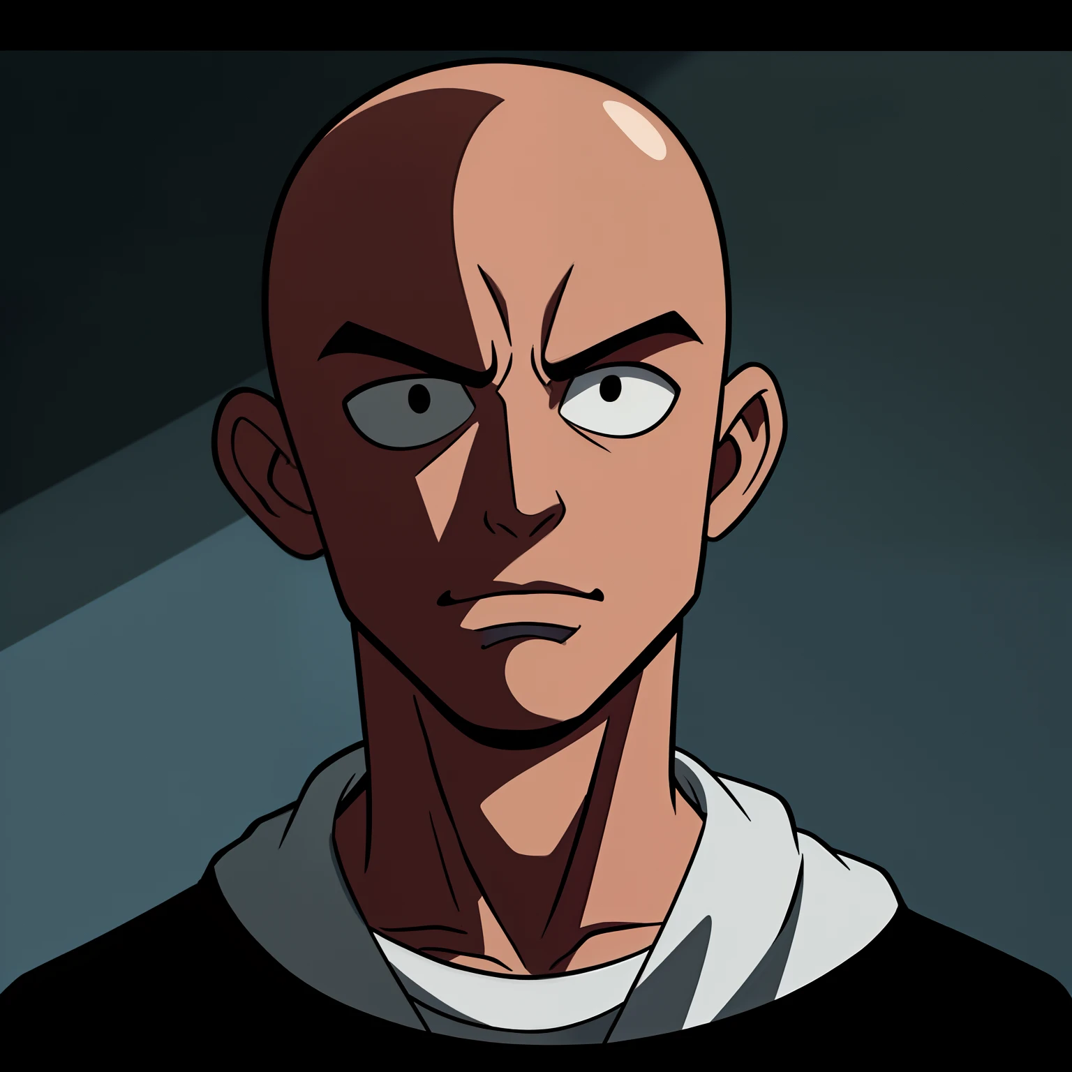 anime style, arafed teenager with bald hair and black shirt looking at camera, bald kid, hairless, no hair completely bald, bald head and menacing look, portrait of bald, partially bald, bald head, shaved head, shaved bald head, highly realistic photo, clean shaven wide wide wide face, anton fadeev 8 k, shaven face, handsome young man, cartoon