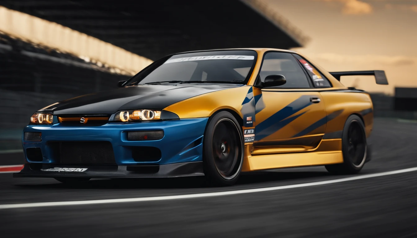 Imagine a captivating scene where a Nissan R33, a symbol of automotive prowess, races down a track with exhilarating speed. Bring the spotlight to the car, emphasizing its sleek design and the iconic features that define the Nissan R33.
Zoom in on intricate details, highlighting the precise lines of the R33's body, the aerodynamic elements, and the dynamic curves that make this car a marvel. Capture micro-details like the gleam of its headlights, the fine details of the rims, and the character of the exhaust system, showcasing the craftsmanship of this high-performance vehicle.
Employ a panning shot technique to convey a sense of motion, intentionally blurring the background to underscore the intensity of the race. Infuse streaks of color in the backdrop, indicating the rapid movement of the Nissan R33 as it dominates the track.
Consider the racing environment, whether it's a modern circuit or a scenic road, and include details like tire marks or dust to enhance the realism of the scene. This detailed prompt aims to inspire a visually captivating depiction of a Nissan R33 racing down a track, emphasizing intricate and micro-details, with a background deliberately blurred to capture the dynamic speed of the race.
