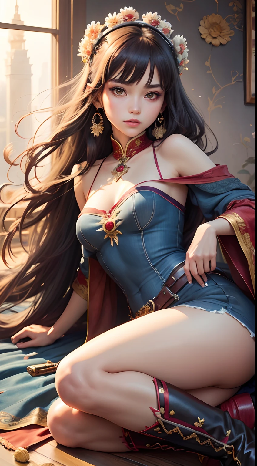 Best Quality, masutepiece, ultra-detailhigh-resolution, (Realistic: 1.4), Watercolor style, Illustration, Dazzling background color,, Skinny Girl with Weapons, (solo exhibition: 1.2), (denim lens: 1.2), (Hair crown: 1.2), Traditional Chinese Dunhuang costumes, No strap, (Red Eyeliner: 1.2), (: 1.4), earrings, Dynamic Angle, Opera House, Messy_long_hair, inky, movie lights, lens_f lare, velvet, chrysanthemums, tassels, bow ribbon, Color embroidery,long boots,Photograph the whole body,