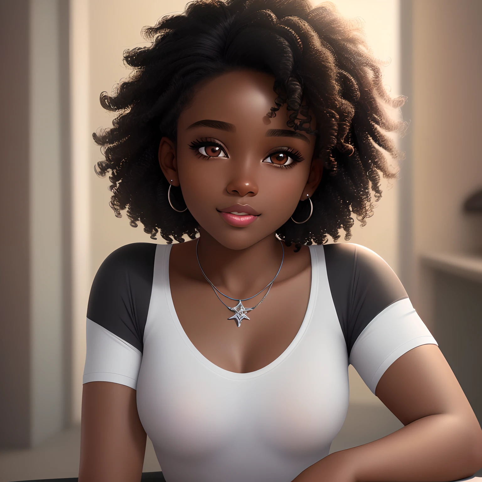 (best quality,highres,ultra-detailed),realistic,hair short curly, dark skin, 1girl, beautiful detailed eyes, beautiful detailed lips, white t-shirt, black pants, colorful background, playful expression, vibrant colors, natural lighting, Pixar style