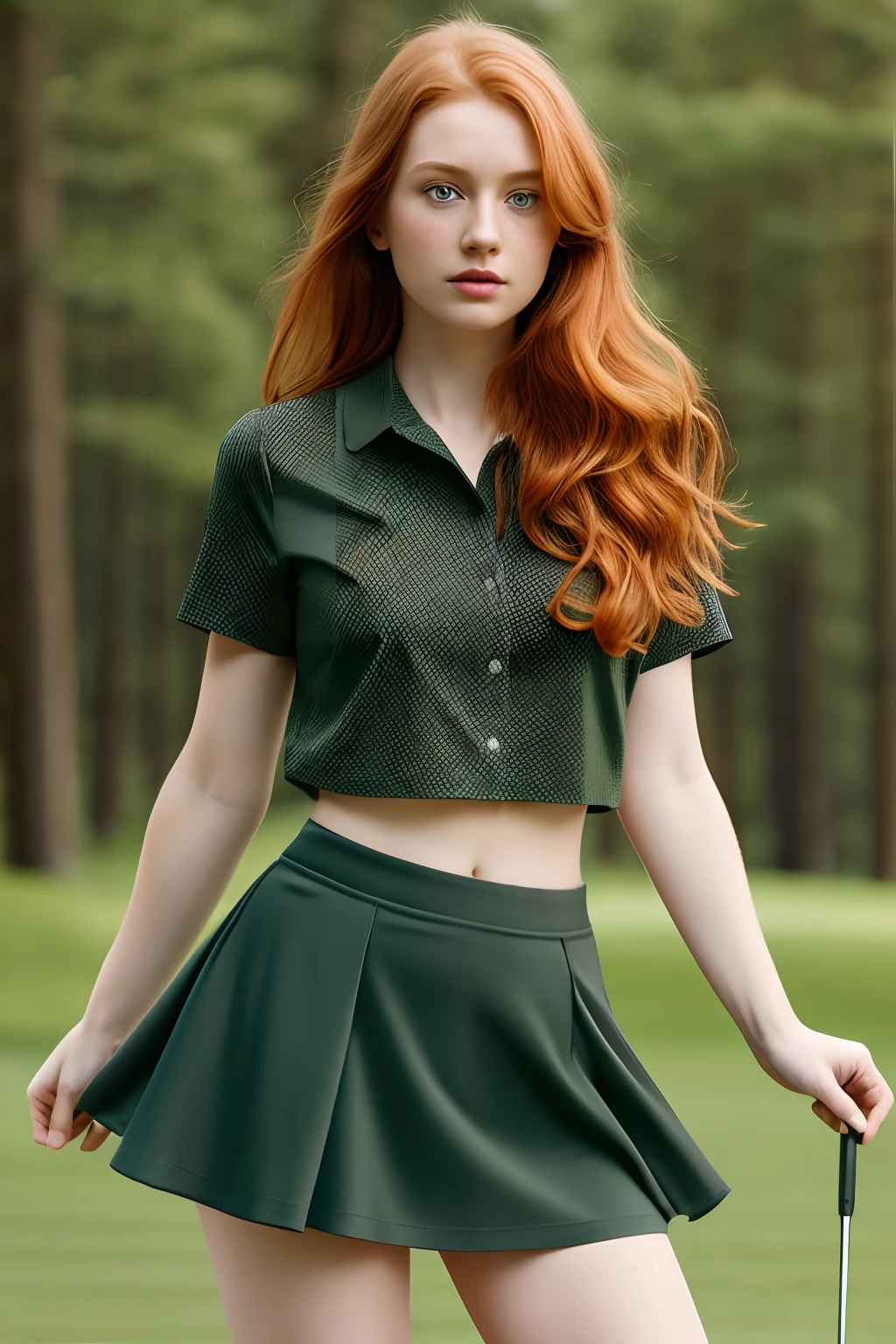 (()1girl in, 19, Solo, Aesthetic artwork, irish redhead, wavy ginger hair, shoulder length ginger hair, gray eyes, light grey eyes, some small freckles, pale skin, (B-cup, medium breasts), runners body, (textured skin, skin pores:1.1), (moles:0.8), imperfect skin, goosebumps))), she is on a golf course, (wearing short skirt: 1.6), (super short skirt: 1.25), (black skirt:1.3), wearing low cut golf shirt, (forest green shirt:1.3), revealing chest, pokies, nipple outline, shirt button undone, (extremely detailed 8k wallpaper), front lighting, high quality, film grain, Fujifilm XT3 sharp focus, f 5.6, 50mm, High Detail, Sharp focus, (natural light), (seductive), Realistic, ultra realistic, photo realistic