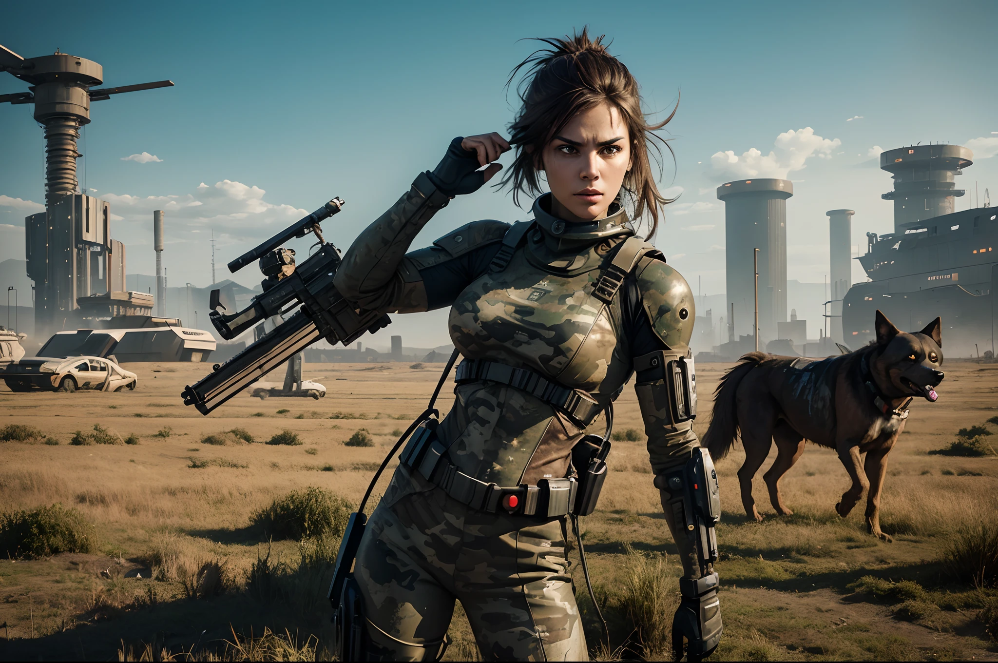 Woman fighting technologic suppression in seemingly pristine dystopian future, dressed in rags skins, mud and camouflage, outskirts of a highly technological programmed industrial city, eluding and killing rabid biologically modified killer cybernetic tracking dogs, dynamic bloody flighting scene, hyperdetailed, vast open atomic wasteland countryside, weeds and strange dead straw-like plant-life, photorealistic, ravager art style, 36k resolution, kodak film grain, in the style of Michael Kerbow, A warning to the future.