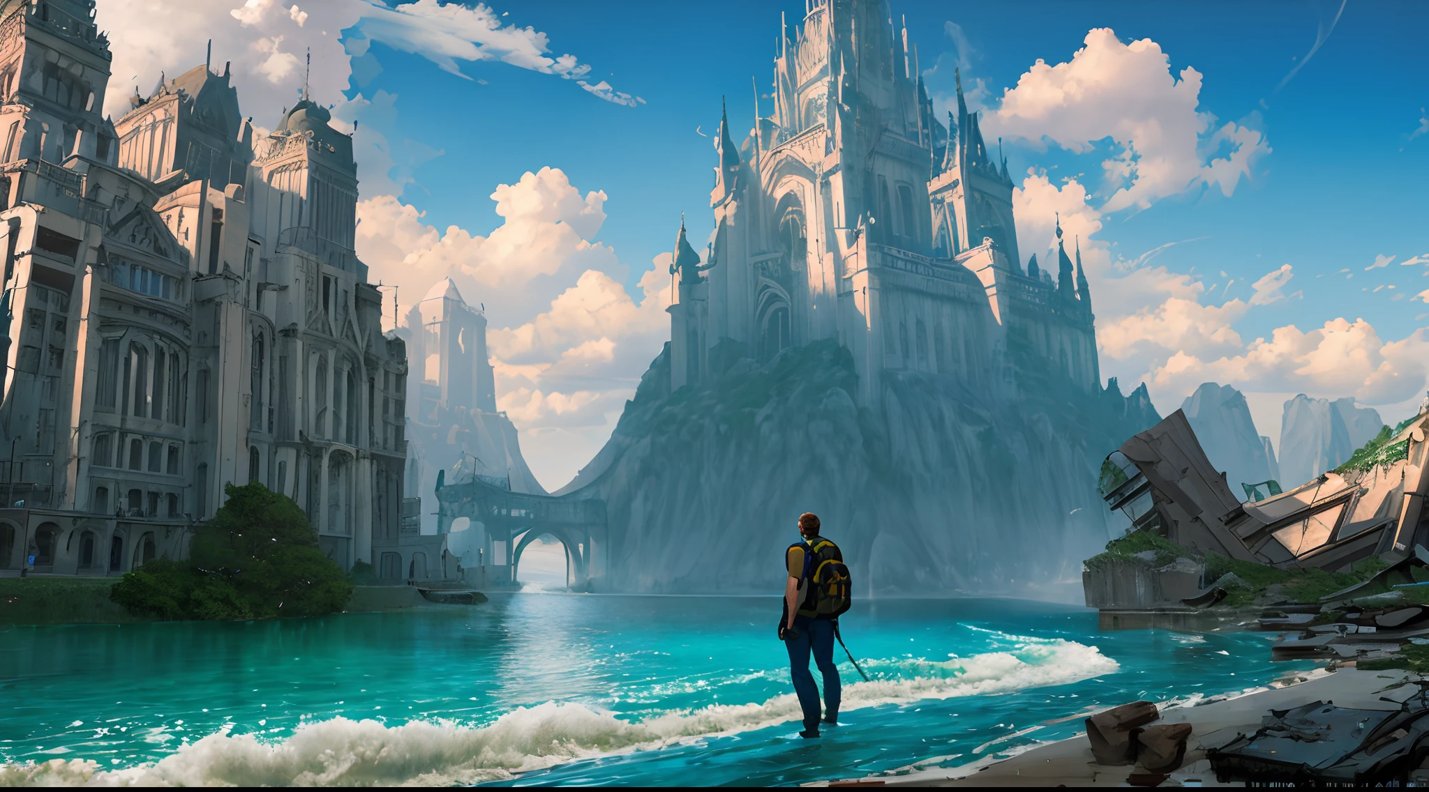 Masterpiece, high detail, 8K resolution, ConceptArt, scenery, water, sky, day, tree, cloud, waterfall, outdoors, (ruined civilization building), nature, river, blue sky, 1 man, backpack trousers, a wanderer, wolf