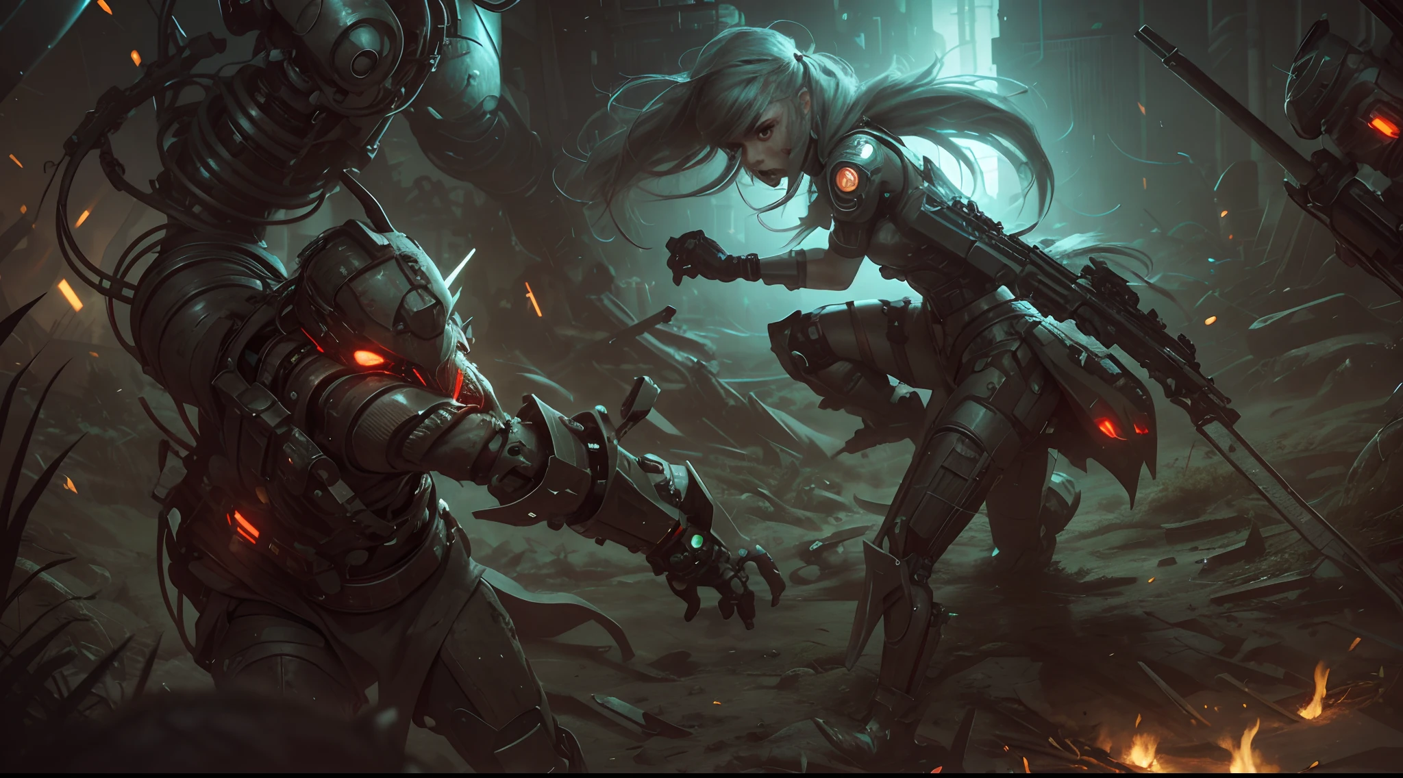 Woman fighting technologic suppression in seemingly pristine dystopian future, dressed in rags skins, mud and camouflage, outskirts of a highly technological programmed industrial city, eluding and killing rabid biologically modified killer cybernetic tracking dogs, dynamic bloody flighting scene, hyperdetailed, vast open atomic wasteland countryside, weeds and strange dead straw-like plant-life, photorealistic, ravager art style, 36k resolution, kodak film grain, in the style of Michael Kerbow, A warning to the future.