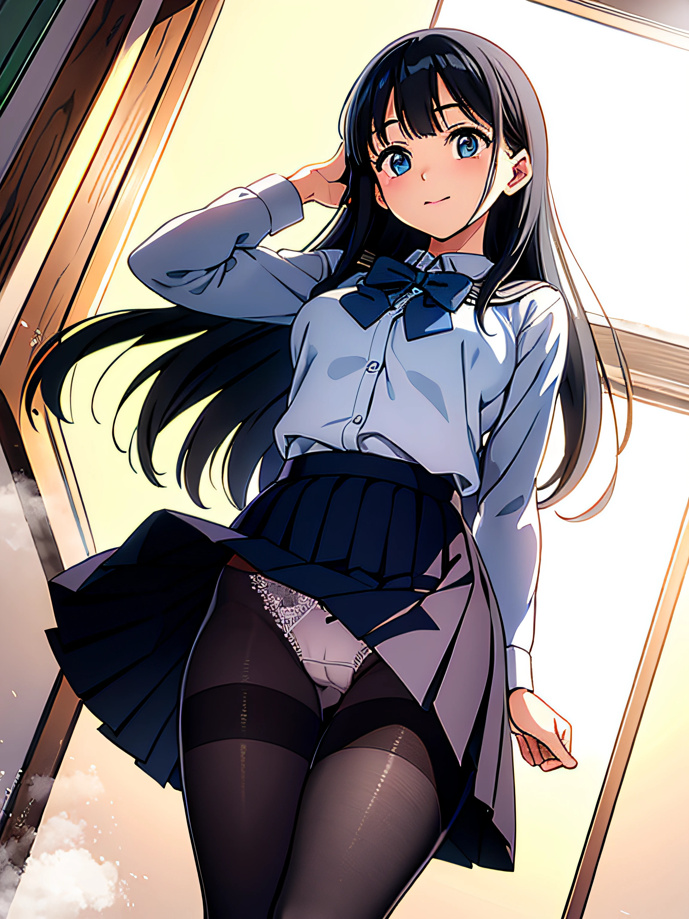 Anime girl in uniform standing on stairs with hands on her head, Anime visuals of cute girls, beautiful anime high school girl, Official art, nagatoro, official artwork, a hyperrealistic schoolgirl, marin kitagawa fanart, Hinata Hyuga, young anime girl, Smooth Anime CG Art, Anime Best Girl, an anime girl, (((low angle shot from below)))、(((Detailed lace panty pattern)))、plain white ordinary panties、(((Lifting skirt while standing to show off panties to camera)))、Beautiful earrings、Bracelets、a necklace、(((pantyhose)))、Beautiful eyes with double eyelids、(pale skin), (Big eyes)、Face forward, ((Half body shot)), ((Dark blue salaryman uniform、Light blue bow tie ribbon))、(A dark-haired)、(pantyhose:1.5)、Thin pantyhose to very thin fabric panties、opened breast, Hcup bust with slim body、Very slim,  see through、ultra-detailliert、​masterpiece、top-quality、超A high resolution、8K、high-level image quality、Real live-action、Photogenic clarity、A detailed eye、gradients、perfect anatomy body proportions ,hard disk、nffsw , Nikon Z9 80mm Lens 、masutepiece、Model Standing、独奏、Detailed panty patterns、Detailed and clear panty pattern、Very bright natural light、In the crowd、too bright natural light、Sunshine、(((Beautiful alignment and snow-white teeth)))、(((Lift the skirt bigger and bigger、Show your panties to the camera)))、Ultra slim body Gcup bust、Body shape of slim model、Beautiful posture、、No bra、full body Esbian、A slender、a beauty girl、Tokyo Business District、commute、(masterpiece), mature school girl, sexy, posterior, floral lace undies, natural light, photorealistic, cameltoe, diffused light, depth of field, white skirt, steam, (lift skirt), (urination), lifelike