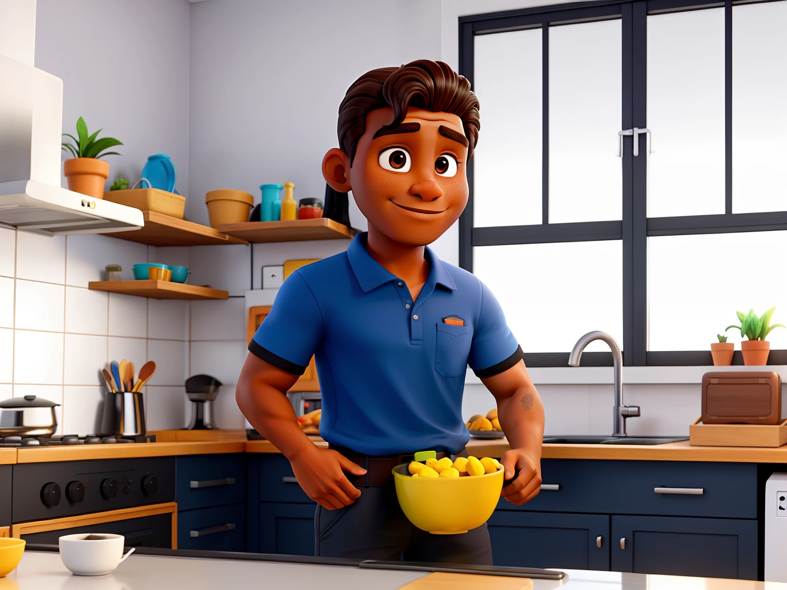 Homem de pele morena com cabelo preto cozinhando