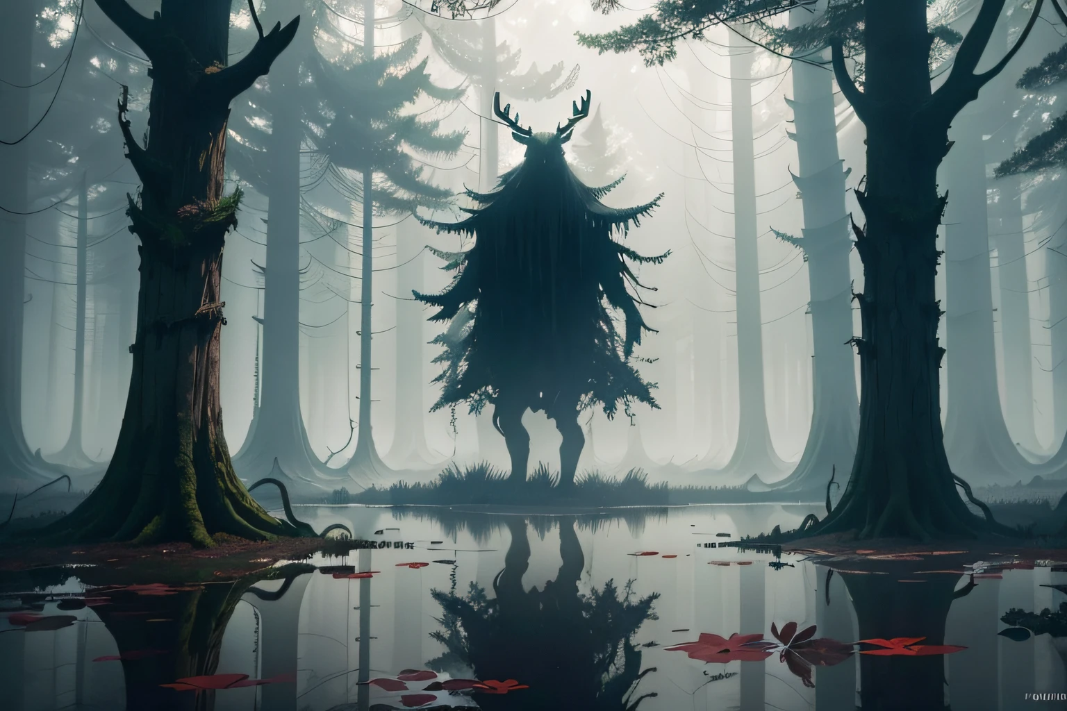 Forest theme with horror elements。Dense trees，Spooky forest，puddles and swamps，Fog and shadows，It is surrounded by leaves and branches，Terrifying monsters in the distance，The picture is dim，There is no light（horror theme），Huge antlers