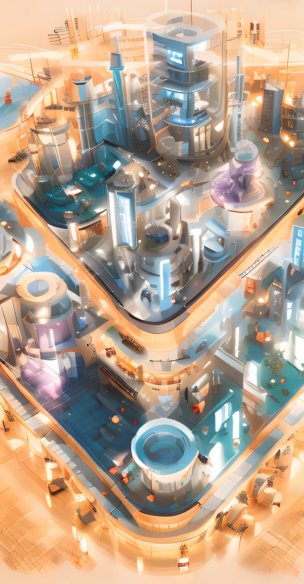 The city has skyscrapers and street lights,People are moving around, Future City, tech city in the background, flying cars, Colorful city, isometric 8k, isometric illustration, vaporwave city, Cyber City, prerendered isometric graphics, Cyberpunk city, city in the style of cyberpunk, The future city, modern city scape, 3d isometric, 3D equidistant,Realistic architecture,new year,Dioramas