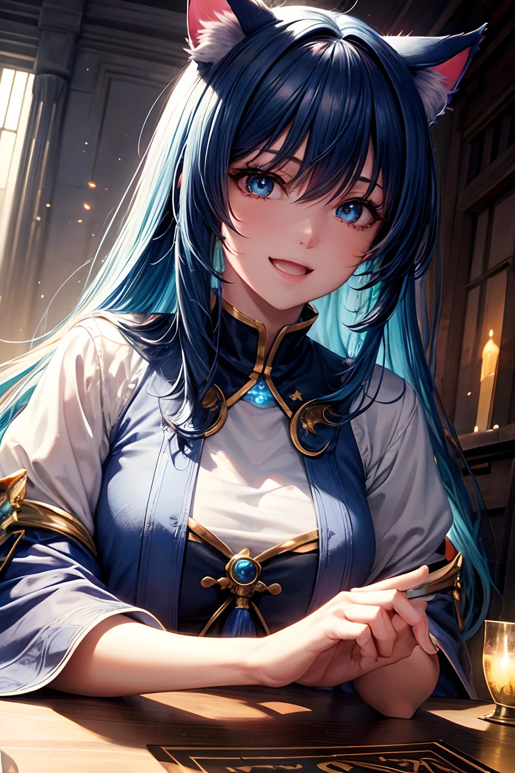 Top quality, high resolution, perfect human structure, background focus, front view, glowing hair, cat ears, blue hair, bangs pinned back, priestess outfit, shrine, laughing, determined, glowing eyes