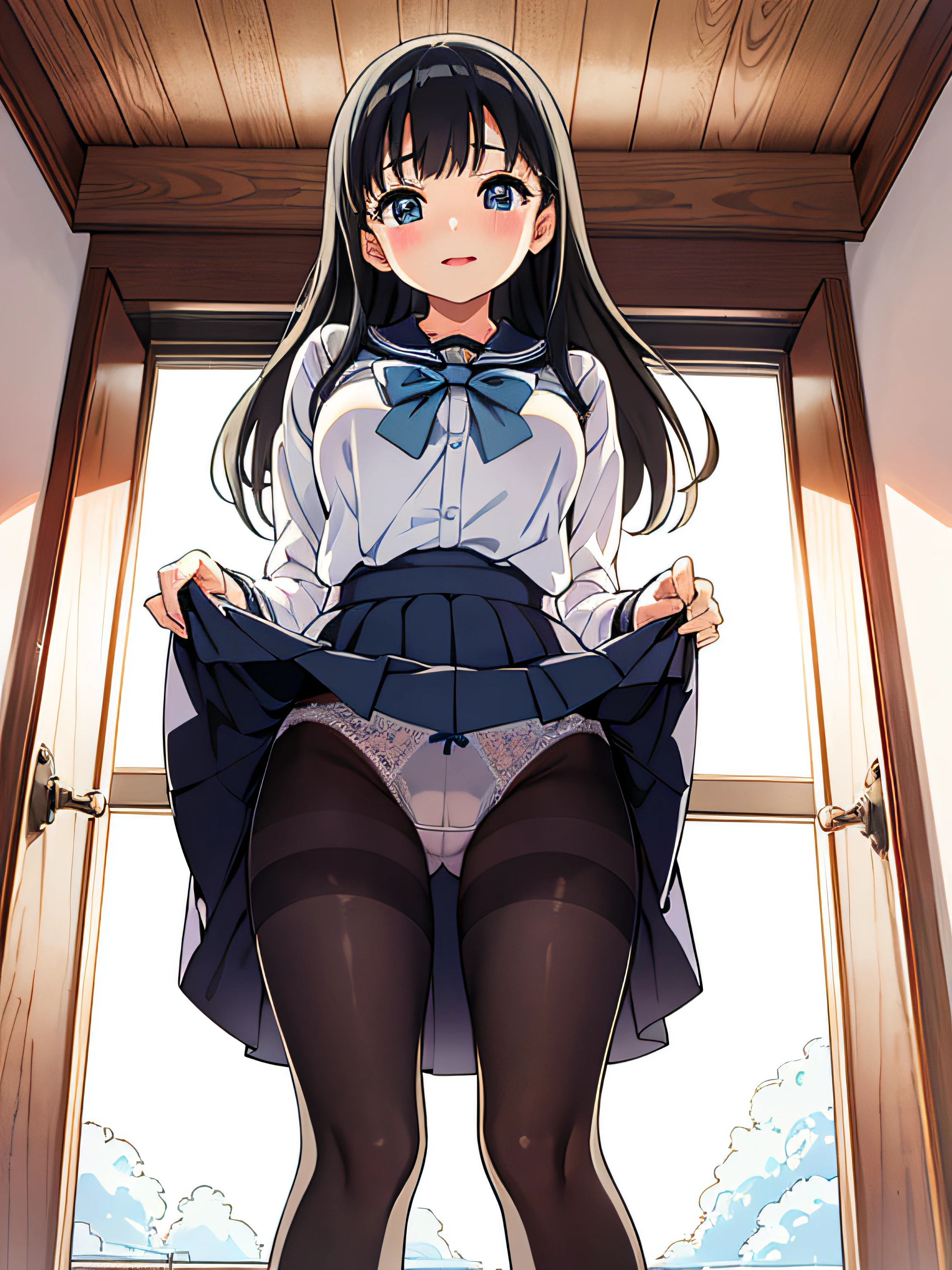 Anime girl in uniform standing on stairs with hands on her head, Anime visuals of cute girls, beautiful anime high school girl, Official art, nagatoro, official artwork, a hyperrealistic schoolgirl, marin kitagawa fanart, Hinata Hyuga, young anime girl, Smooth Anime CG Art, Anime Best Girl, an anime girl, (((low angle shot from below)))、(((Detailed lace panty pattern)))、plain white ordinary panties、(((Lifting skirt while standing to show off panties to camera)))、Beautiful earrings、Bracelets、a necklace、(((pantyhose)))、Beautiful eyes with double eyelids、(pale skin), (Big eyes)、Face forward, ((Half body shot)), ((Dark blue salaryman uniform、Light blue bow tie ribbon))、(A dark-haired)、(pantyhose:1.5)、Thin pantyhose to very thin fabric panties、opened breast, Hcup bust with slim body、Very slim, see through、ultra-detailliert、masterpiece、top-quality、超A high resolution、8K、high-level image quality、Real live-action、Photogenic clarity、A detailed eye、gradients、perfect anatomy body proportions ,hard disk、nffsw , Nikon Z9 80mm Lens 、masutepiece、Model Standing、独奏、Detailed panty patterns、Detailed and clear panty pattern、Very bright natural light、In the crowd、too bright natural light、Sunshine、(((Beautiful alignment and snow-white teeth)))、(((Lift the skirt bigger and bigger、Show your panties to the camera)))、Ultra slim body Gcup bust、Body shape of slim model、Beautiful posture、、No bra、full body Esbian、A slender、a beauty girl、Tokyo Business District、commute、(masterpiece), mature school girl, sexy, posterior, floral lace undies, natural light, photorealistic, cameltoe, diffused light, depth of field, white skirt, steam, (lift skirt), (urination), lifelike、(Aya Tojo), Mature Schoolgirl, Sexy, posterior, Strawberry Pattern Lace Underwear, Natural light, Photorealistic, Cameltoe, diffuse glow, depth of fields, White skirt, steam, (Lift skirt), (Urination), Lifelike,Strawberry 100%,Aya Tojo,dressing room,A dark-haired,Underwear taken off,