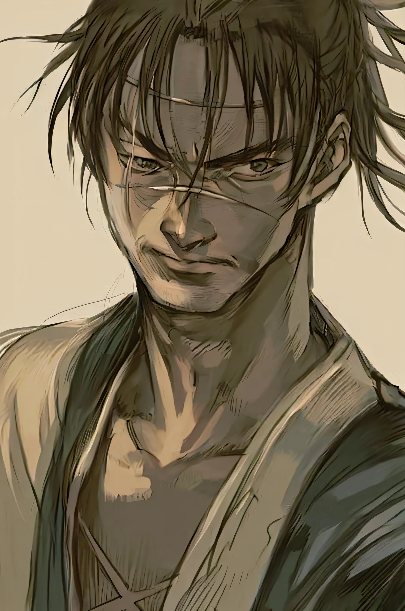 a drawing of a man with a long hair and a white shirt, roguish smirk, shikanosuke yagaki, from kenshin, takehiko inoue, portrait of eren yeager, tsurumaki kazuya, fan art, kentaro miura manga art style, eren yeager, kentaro miura art