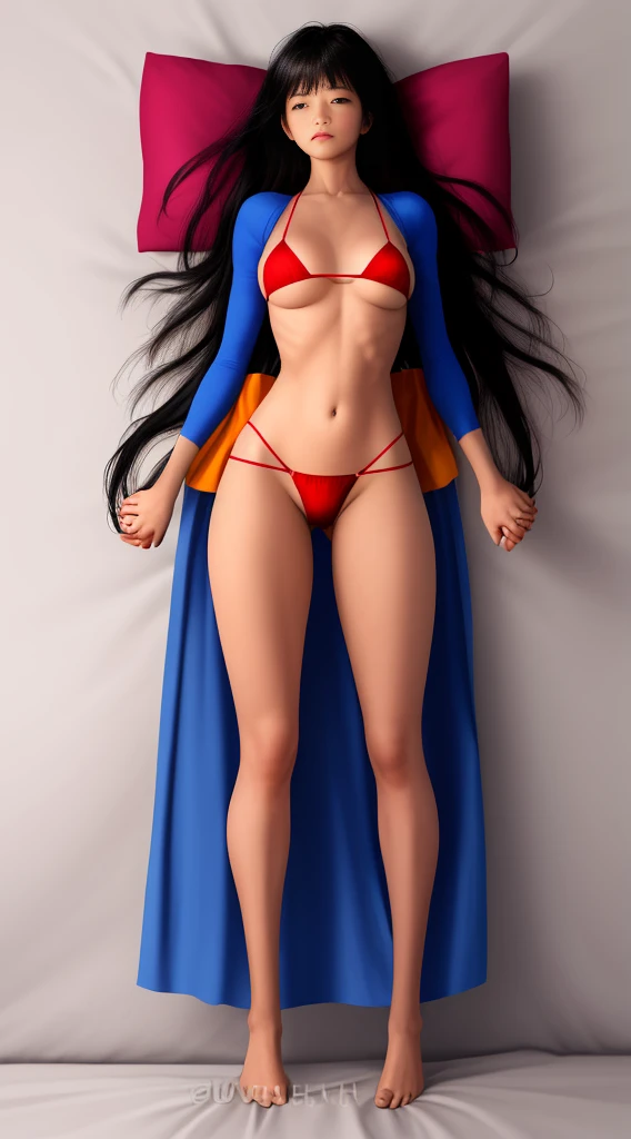 full body standing straight barefoot, long hair, triplets, holding hands on bed, sleeping together, superheroine micro bikini, SFW girl, CHEST COVER, super sexy. best quality, realistic photo, cowboy shot, bedroom background, bed, sheet, pillow