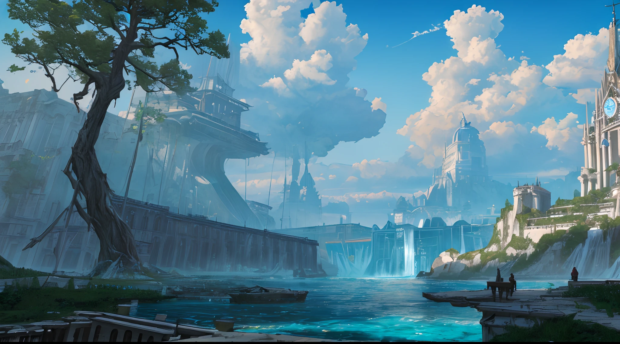 Masterpiece, high detail, 8K resolution, ConceptArt, scenery, water, sky, day, tree, cloud, waterfall, outdoors, (ruined civilization building), nature, river, blue sky, 1 man, backpack trousers, a wanderer, wolf