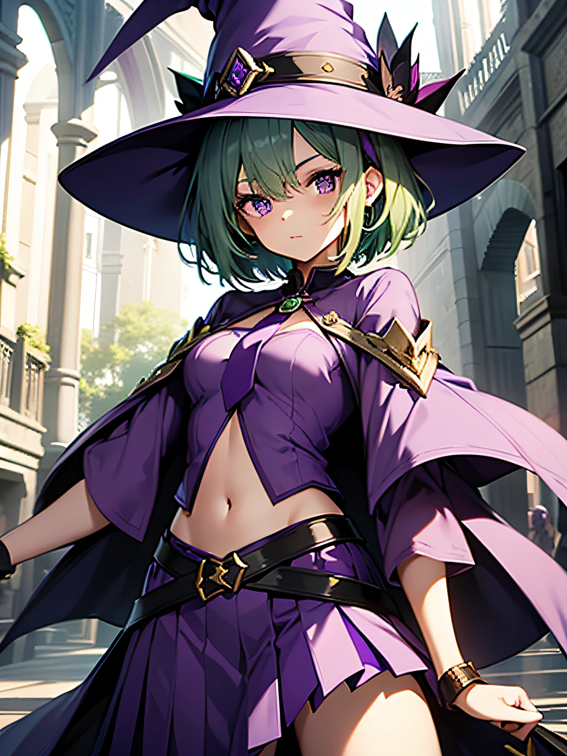 Top quality, very delicate and beautiful, (teenage girl), purple eyes, green hair, short hair, (purple pointy hat), purple tie, one, short sleeves, purple skirt, purple wizard robe, navel