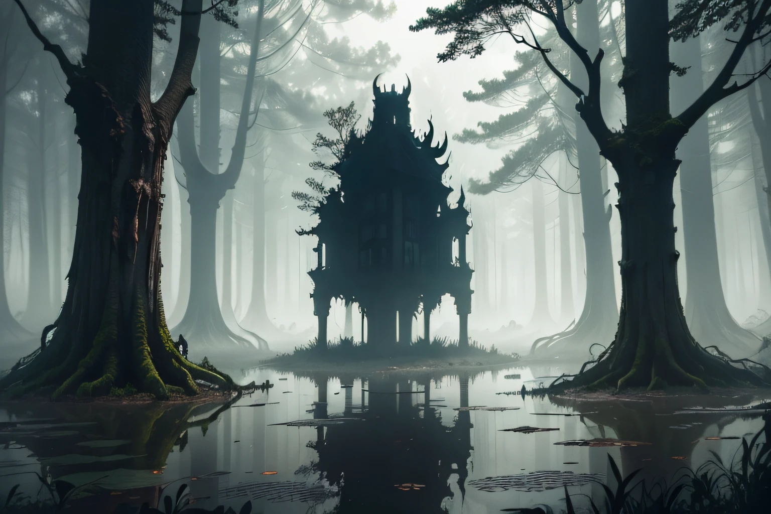 Forest theme with horror elements。Dense trees,Spooky forest,puddles and swamps,Fog and shadows,It is surrounded by leaves and branches,Terrifying monsters in the distance,The picture is dim,There is no light(horror theme),Gloomy picture