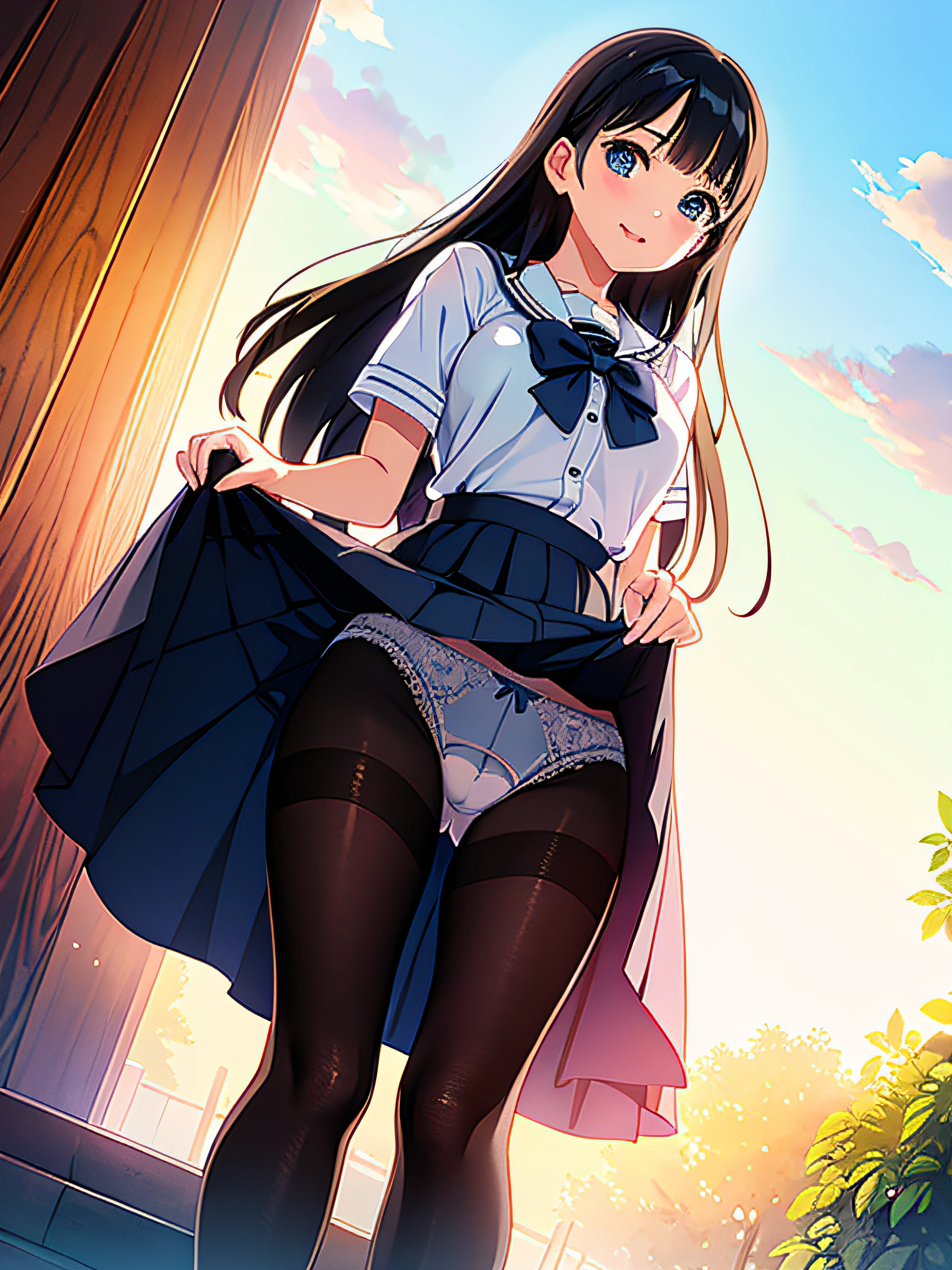 Anime girl in uniform standing on stairs with hands on her head, Anime visuals of cute girls, beautiful anime high school girl, Official art, nagatoro, official artwork, a hyperrealistic schoolgirl, marin kitagawa fanart, Hinata Hyuga, young anime girl, Smooth Anime CG Art, Anime Best Girl, an anime girl, (((low angle shot from below)))、(((Detailed lace panty pattern)))、plain white ordinary panties、(((Lifting skirt while standing to show off panties to camera)))、Beautiful earrings、Bracelets、a necklace、(((pantyhose)))、Beautiful eyes with double eyelids、(pale skin), (Big eyes)、Face forward, ((Half body shot)), ((Dark blue salaryman uniform、Light blue bow tie ribbon))、(A dark-haired)、(pantyhose:1.5)、Thin pantyhose to very thin fabric panties、opened breast, Hcup bust with slim body、Very slim,  see through、ultra-detailliert、​masterpiece、top-quality、超A high resolution、8K、high-level image quality、Real live-action、Photogenic clarity、A detailed eye、gradients、perfect anatomy body proportions ,hard disk、nffsw , Nikon Z9 80mm Lens 、masutepiece、Model Standing、独奏、Detailed panty patterns、Detailed and clear panty pattern、Very bright natural light、In the crowd、too bright natural light、Sunshine、(((Beautiful alignment and snow-white teeth)))、(((Lift the skirt bigger and bigger、Show your panties to the camera)))、Ultra slim body Gcup bust、Body shape of slim model、Beautiful posture、、No bra、full body Esbian、A slender、a beauty girl、Tokyo Business District、commute、(masterpiece), mature school girl, sexy, posterior, floral lace undies, natural light, photorealistic, cameltoe, diffused light, depth of field, white skirt, steam, (lift skirt), (urination), lifelike