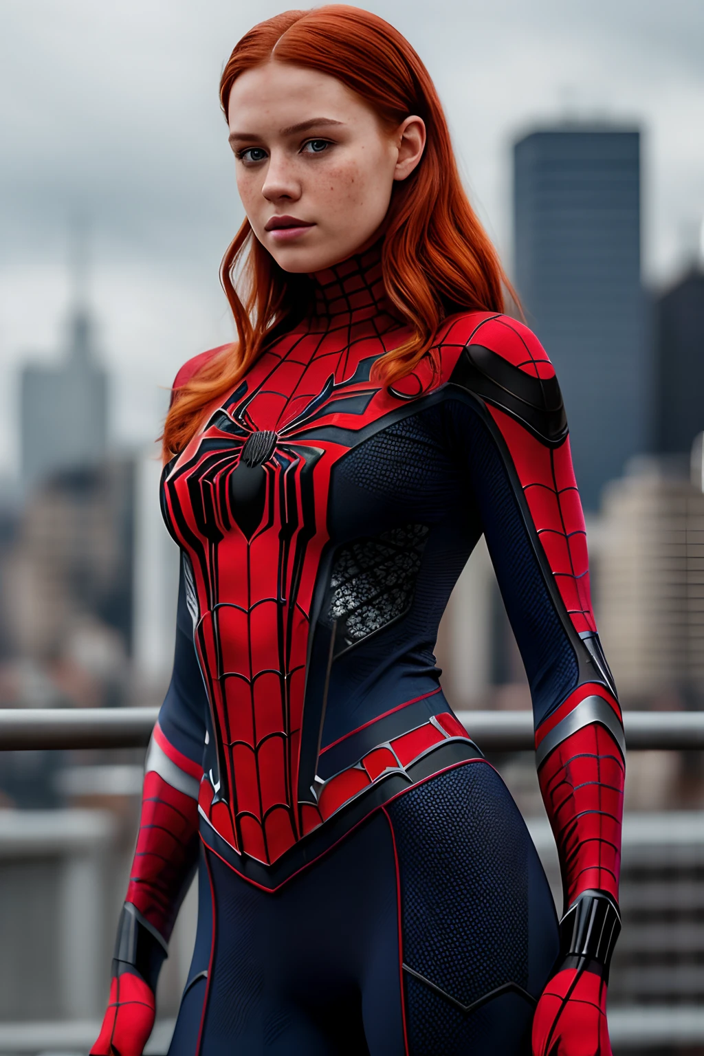 1girl in, age19, Solo, Aesthetic artwork, irish  redhead, wavy ginger hair, shoulder length ginger hair, gray eyes, light grey eyes, some small freckles, pale skin, (B-cup, medium breasts), runners body, fullbody shot, (textured skin, skin pores:1.1), (moles:0.8), imperfect skin, goosebumps, (((She wears Spider-Man suit))), (no mask), red and black color scheme, spider, very detailed, ((Manhattan background)), (extremely detailed 8k wallpaper), soft lighting, high quality, film grain, Fujifilm XT3 sharp focus, f 5.6, 50mm, High Detail, Sharp focus,(natural light), (seductive), Realistic, ultra realistic, photo realistic, crazy details, complex details, hyper detailed,