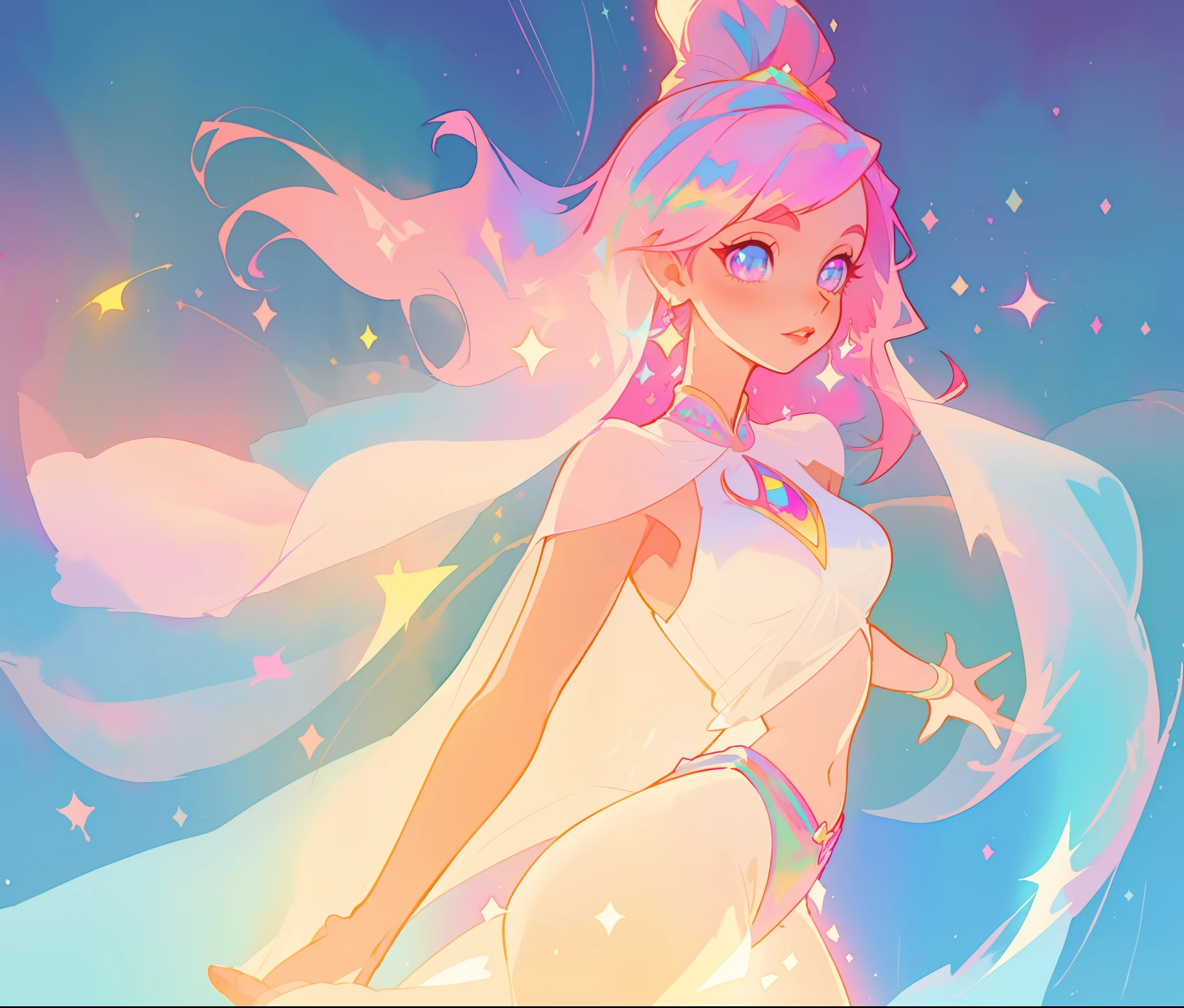 beautiful girl in white two piece dress, arabian dancer dress, long colorful sparkling pink hair, watercolor illustration, Lois van Baarle, glowing aura around her, Glen Keane, jen bartel, glowing hair, beautiful digital illustration, fantasia background, beautiful, masterpiece, best quality, anime disney style, (detailed eyes)