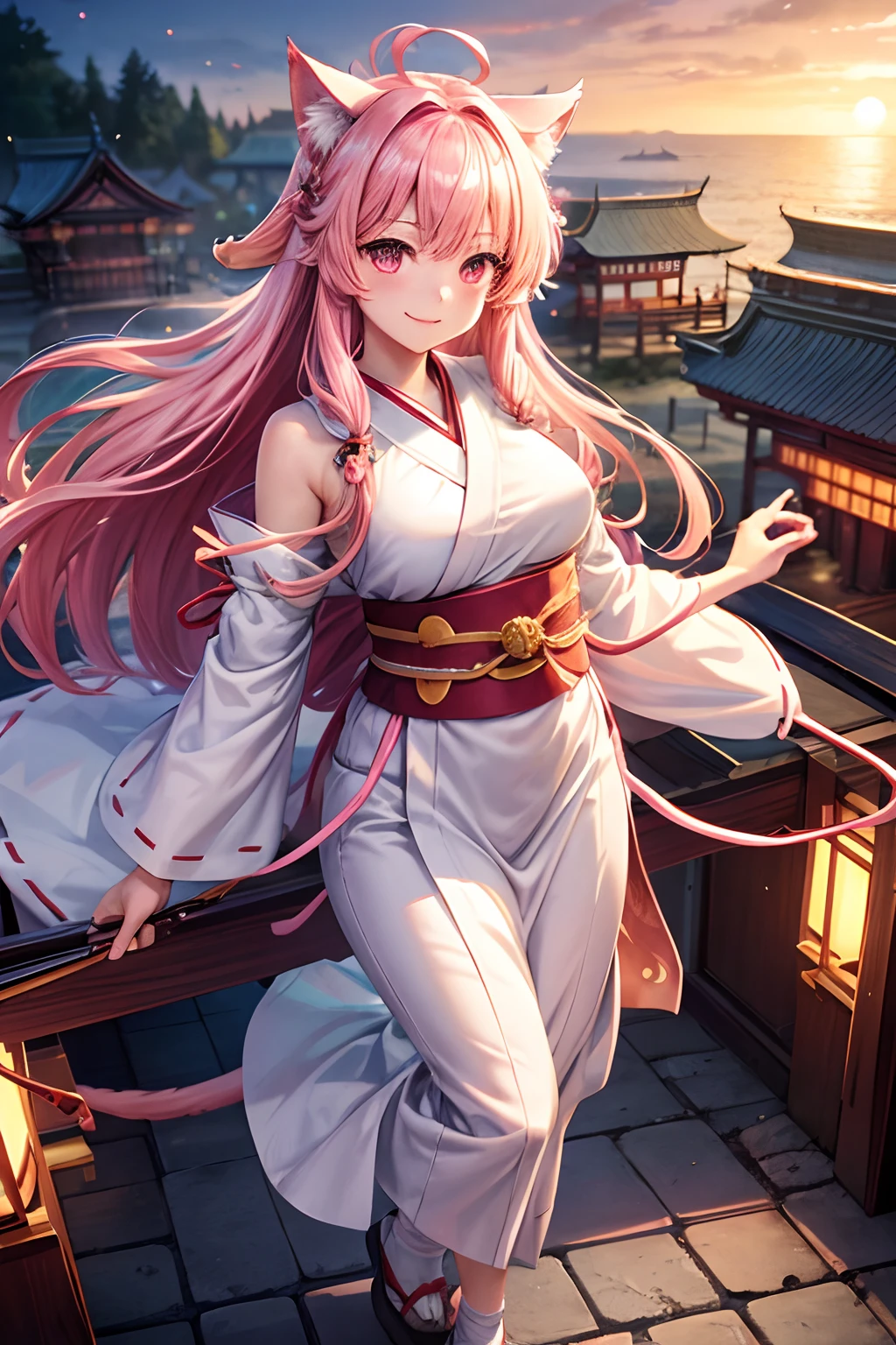 Top quality, high resolution, perfect human structure, figure focus, front view, glowing hair, glowing eyes, cat ears, pink hair, long, shrine, shrine maiden outfit, overall angles, happy smiling gradient eyes, swept bangs,