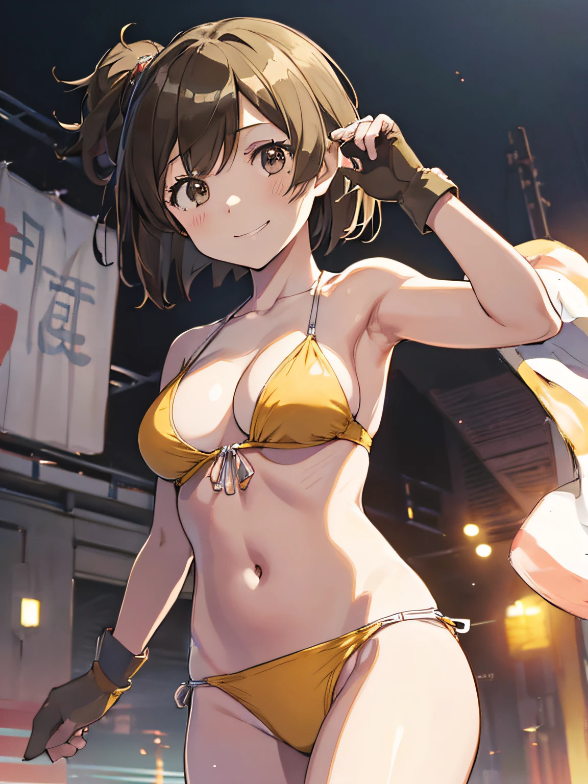 (masutepiece, Best Quality:1.2), Cowboy Shot, Solo, 1girl in, Hiryū, Smile, Looking at Viewer, Yellow Bikini、One side up, , partially fingerless gloves、The background is professional wrestling、Facing the front