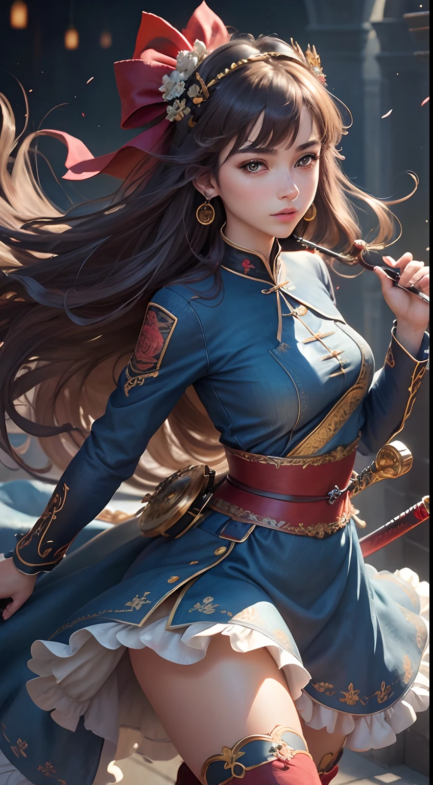 Best Quality, masutepiece, ultra-detailhigh-resolution, (Realistic: 1.4), Watercolor style, Illustration, Dazzling background color,, Skinny Girl with Weapons, (solo exhibition: 1.2), (denim lens: 1.2), (Hair crown: 1.2), Traditional Chinese Dunhuang costumes, No strap, (Red Eyeliner: 1.2), (: 1.4), （Accurate Hand Modeling),earrings, Dynamic Angle, Opera House, Messy_long_hair, inky, movie lights, lens_f lare, velvet, chrysanthemums, tassels, bow ribbon, Color embroidery,long boots,Photograph the whole body,Dance of the Sword,holding swords,