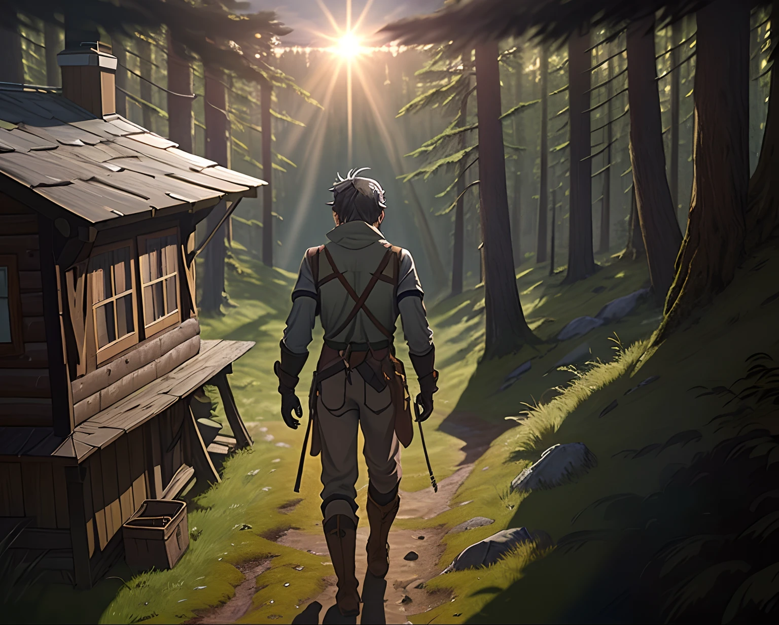 As the first rays of sunlight peek over the horizon, young man black and gray hair his gae around ************, an experienced hiker, emerges from his rustic cabin located at the edge of the forest. His boots crunched on the dew-stained grass with adventurer chlote and lock belt that contain equipment , anime style fantasy forest adventure