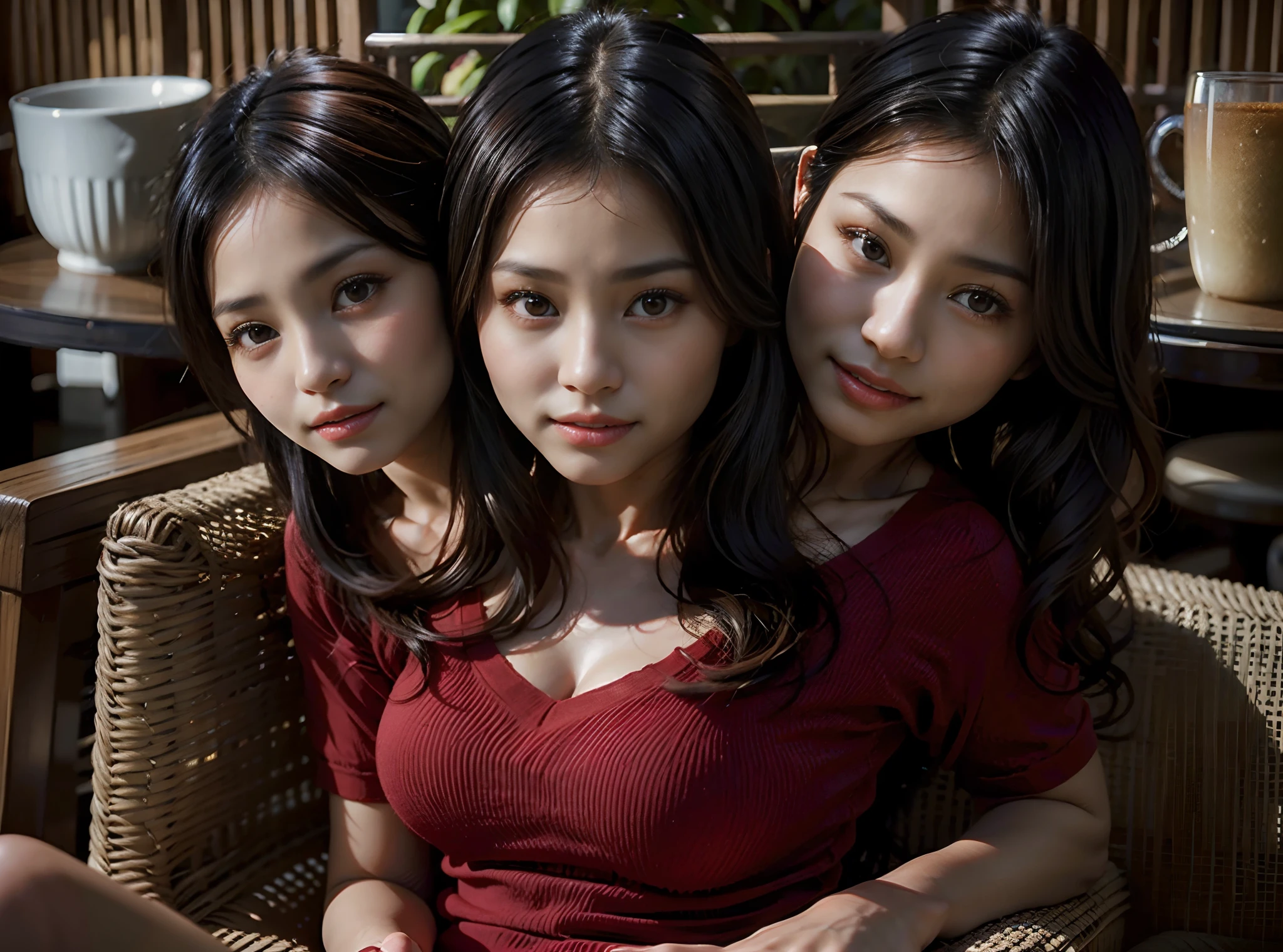 (3heads:1.5), filipina girl with three heads, diffrent hairstyles, different hairstyles, big red v-neck shirt,  rattan chair background