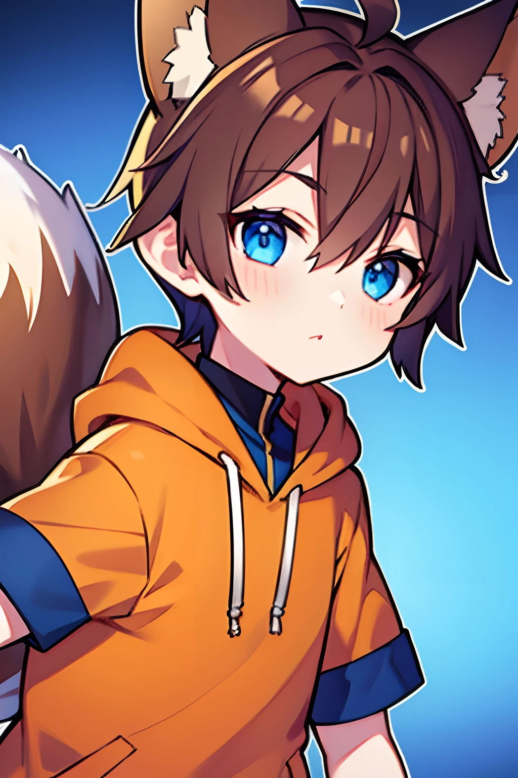 com olhos azuis, brown hair, orelhas de raposa, capuz laranja