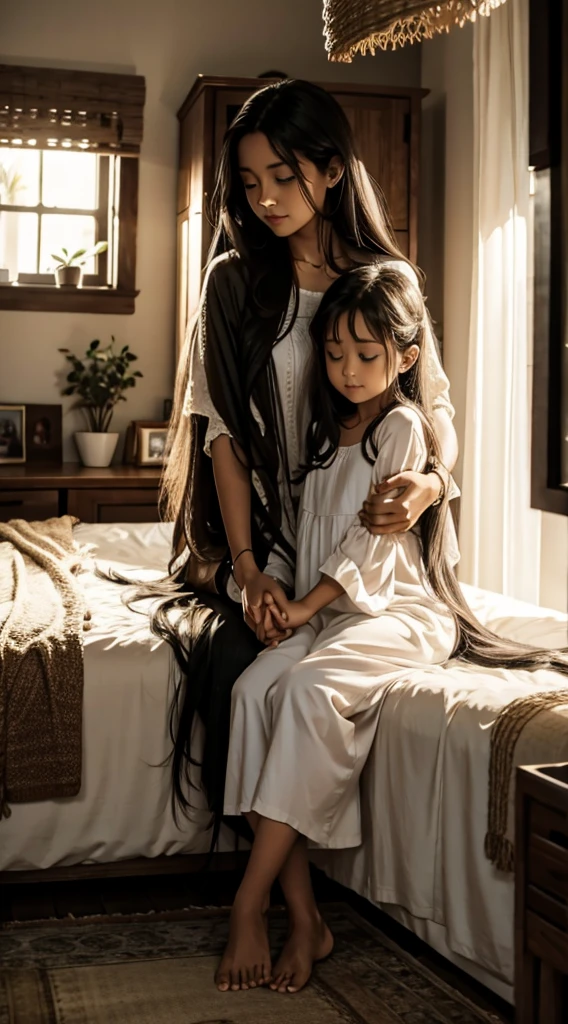 full body standing straight barefoot, long hair, holding hands on bed, sleeping together MOTHER AND DAUGHTERS