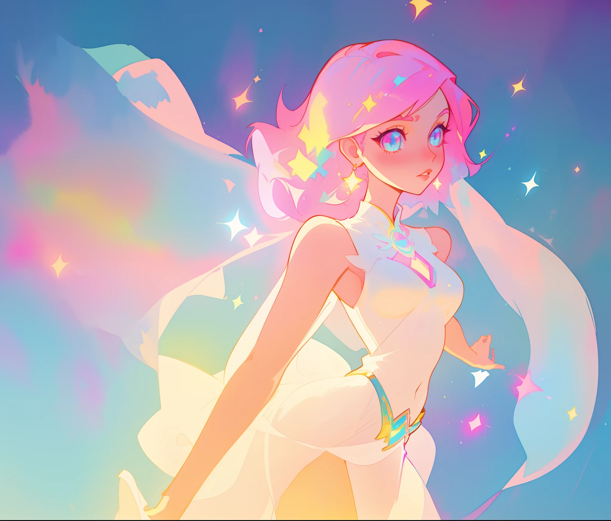 beautiful girl in white two piece dress, arabian dancer dress, long colorful sparkling pink hair, watercolor illustration, Lois van Baarle, glowing aura around her, Glen Keane, jen bartel, glowing hair, beautiful digital illustration, fantasia background, beautiful, masterpiece, best quality, anime disney style, (detailed eyes)