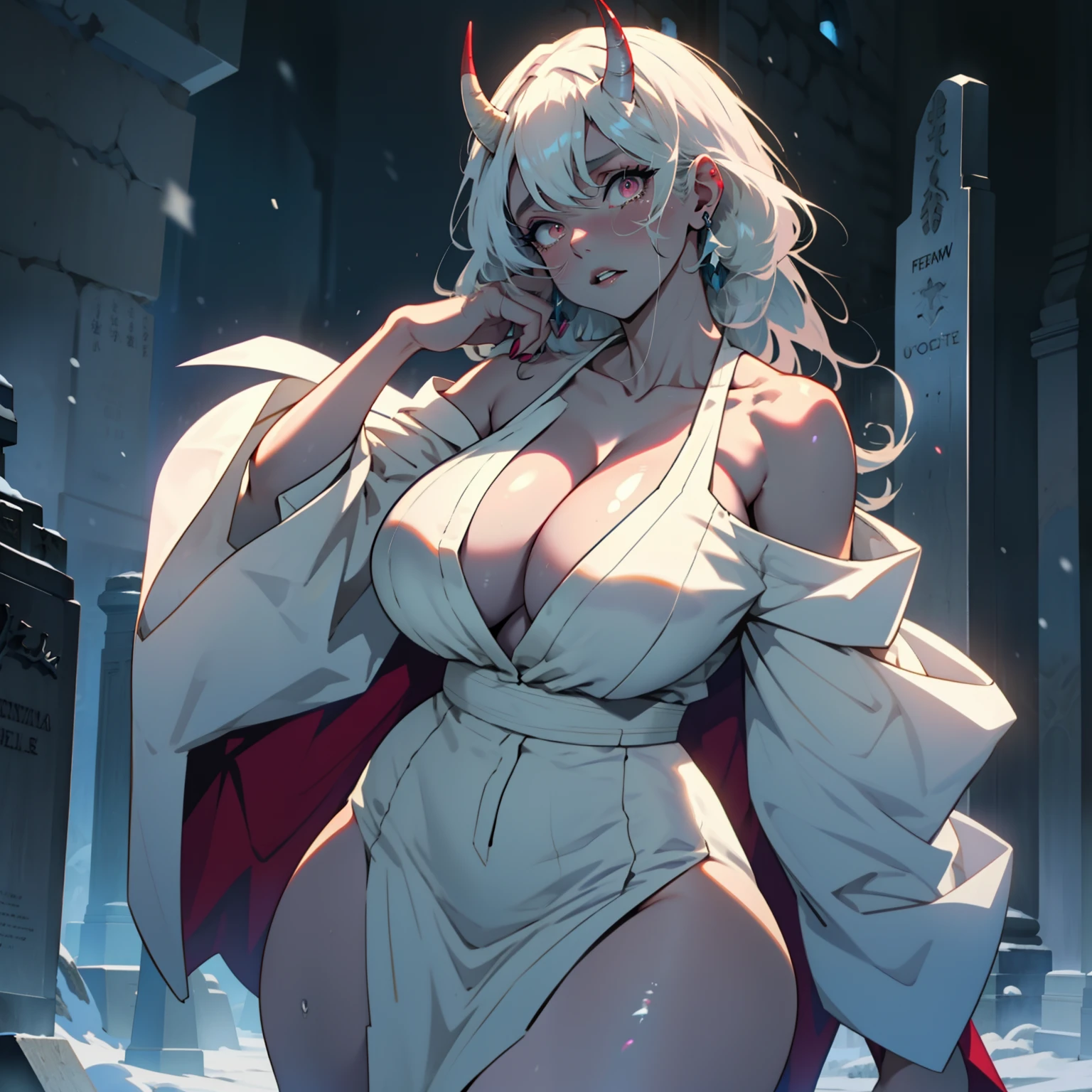 1girl,solo,huge breasts, ghost costume , (hitodama) ,night, tombstone, graveyard, long sleeves, very long sleeves, , ghost, ultra pale skin,, off shoulder, cleavage, no bra, extremely long white hair, bare legs, tattered clothes, curvy wide hips, massive breasts, chubby thighs, beautiful pink eyes, Looking down, crying, mascara, with white Oni horns, massive breasts, giant tits (full body), (long beautiful legs), (snow white skin: 1.3)