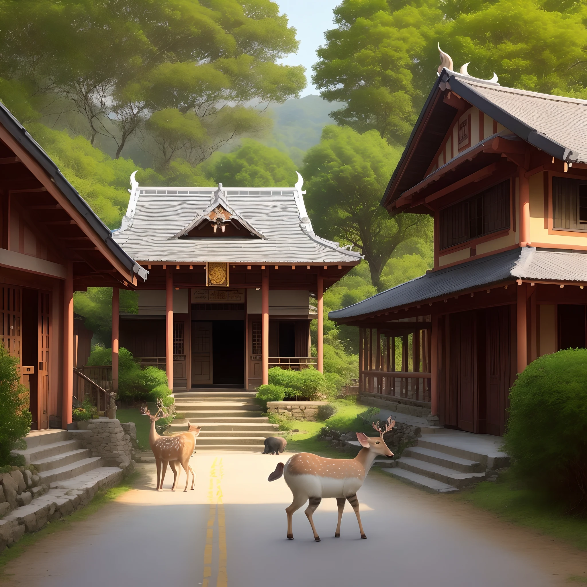 Create a beautiful village road temple deer dog cat elephant